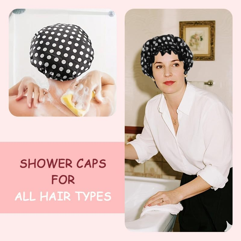 Polka Dot Shower Caps for Women Reusable Waterproof Satin Lined Bathing Caps for Braids Short Long Hair Cap for Shower Bath Large Polka Dots Foldable Travel Showering Cap for Men Women Vintage Fashion - Leopard Print image number 3