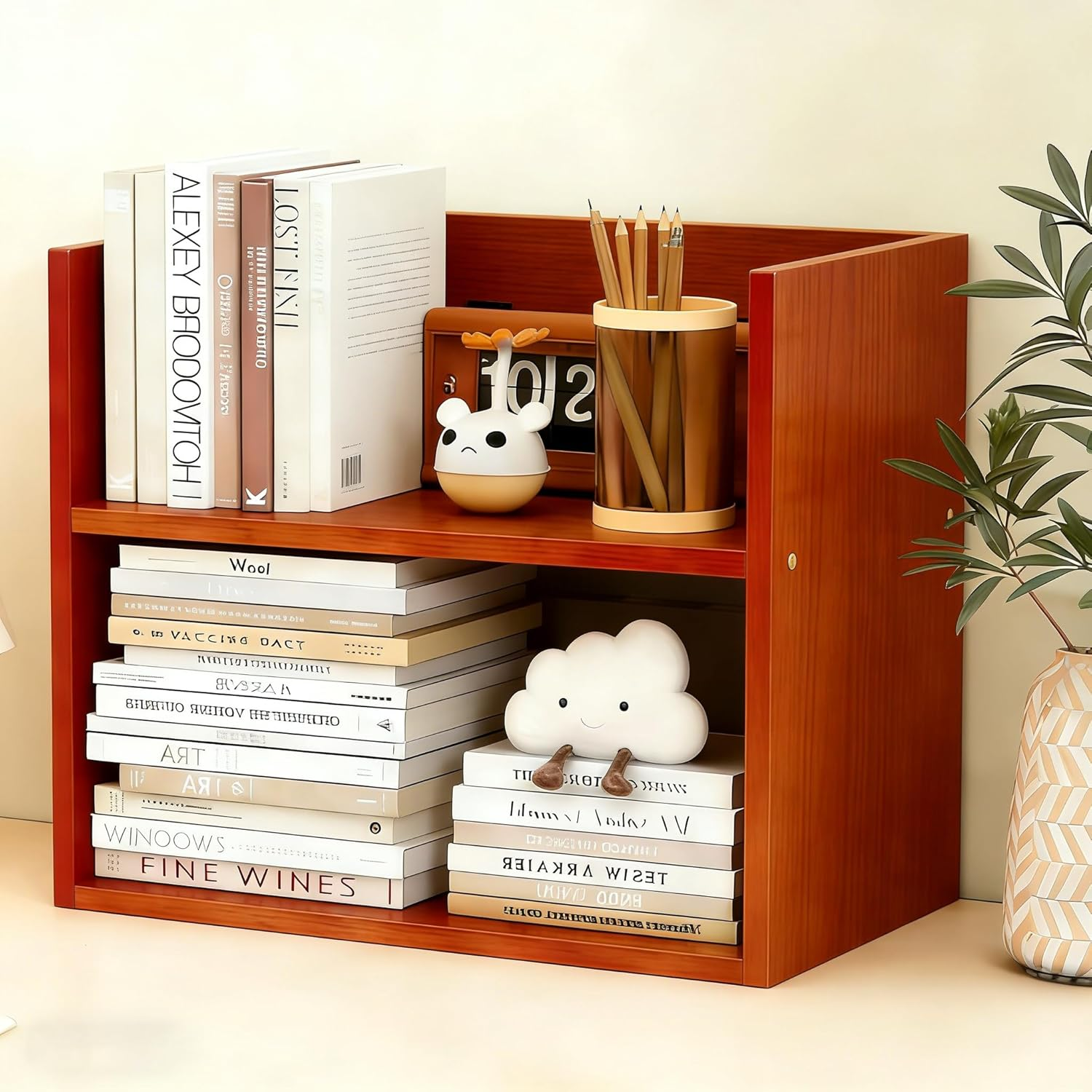 Hbluefat Desktop Organizer Shelf, Small Desk Bookshelf, Wooden Tabletop Mini Bookcase, Desktop Display Storage Rack for Home Office Kitchen (Teak)