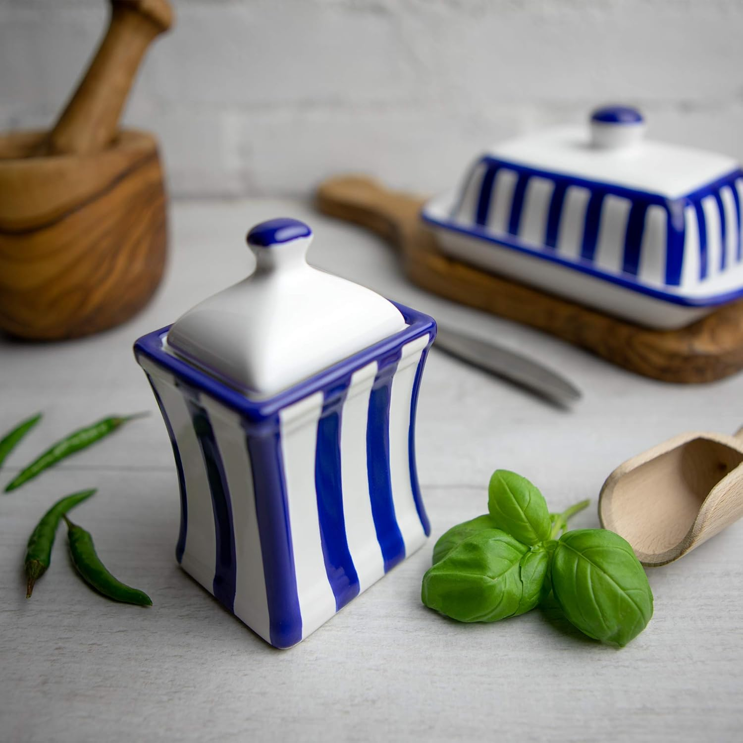 Handmade Dark Navy Blue Stripe Small 5.3Oz/150Ml Ceramic Kitchen Herb, Spice, Storage Jar with Lid, Pottery Canister, Housewarming Gift by City to Cottage image number 2