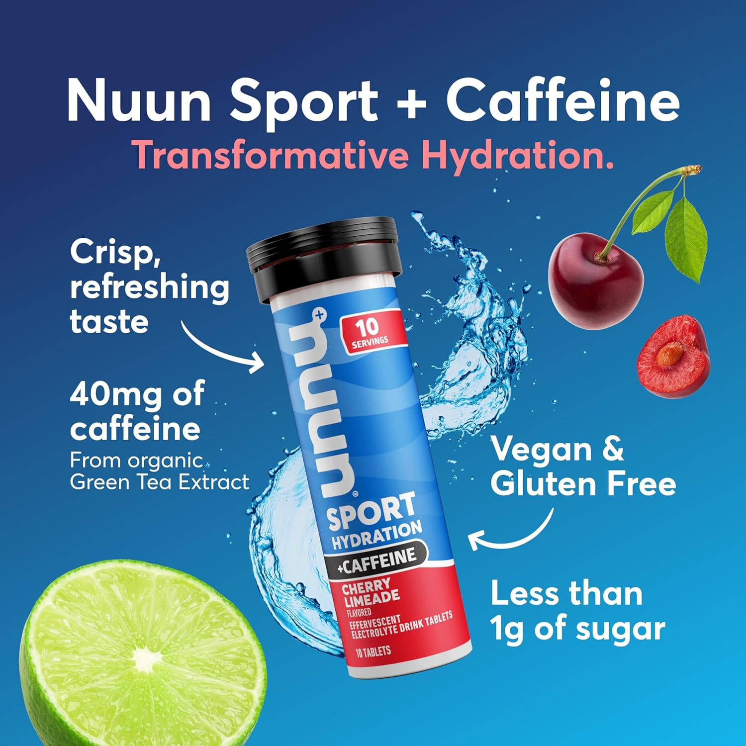 Nuun Sport + Caffeine: Electrolyte-Rich Sports Drink Tablets with Caffeine, Cherry Limeade, Box of 8 Tubes (80 Servings), Sports Drink for Replenishment of Essential Electrolytes Lost through Sweat image number 3