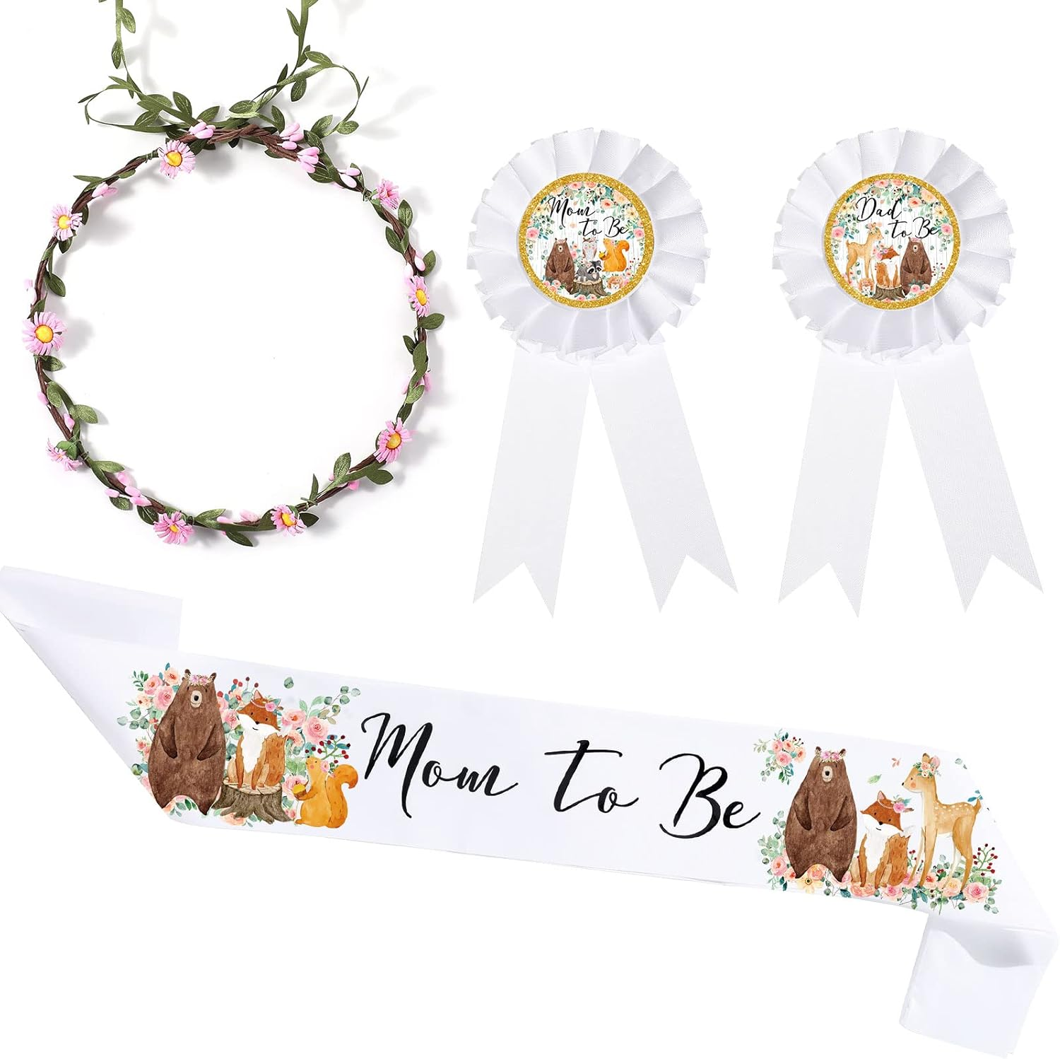 Xinnun 4-Piece Woodland Animal Themed Mom to Be Sash Kit with Sage Green Leaf Flowers Crown, Dad & Mom Badges for Baby Shower Party Favors & Gender Reveal