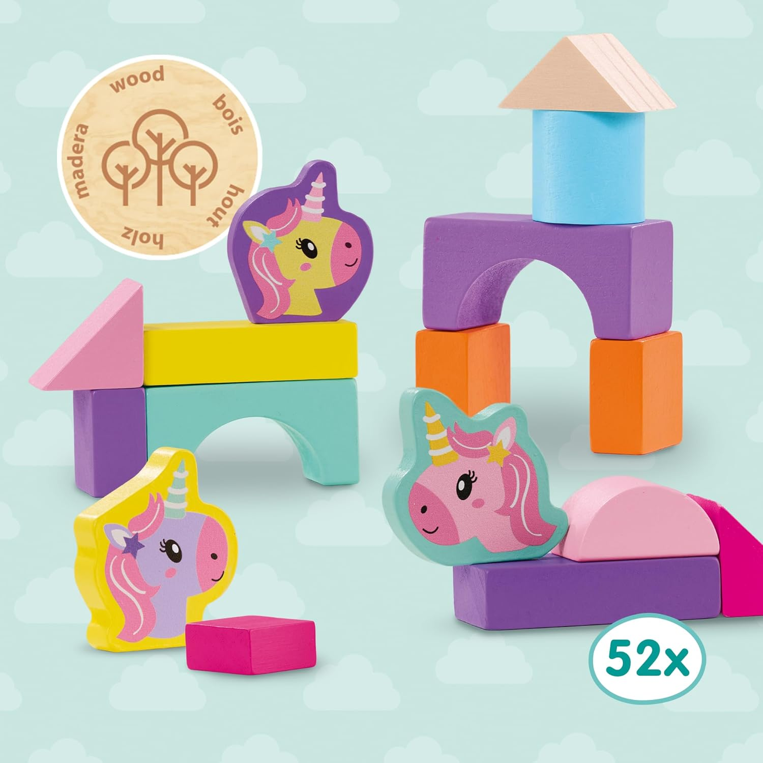 SES Creative 13251 Wooden Building Blocks for Stacking Unicorn 52 Pieces image number 2