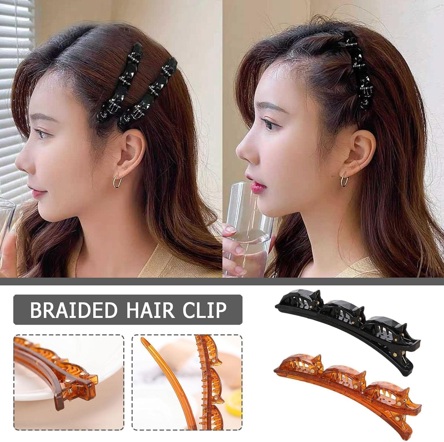 2 Pcs Braided Hair Clips for Women,Multi Clip Hair Barrette,Duckbill Clip Hair Barrettes Hair Sectioning Clips for Women Styling Sectioning Hair Accessories Clips and Barrettes Clips (Black+Brown) image number 1