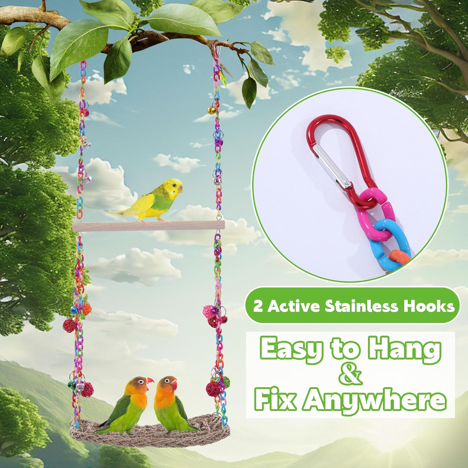 MABOZOO Chicken Swing Toy, Chicken Perch Seagrass Woven Hammock Swing Mat Climbing Hammock with Wood Perch Stand, Bird Swing Toy for Hens Chicken Bird Budgie image number 3