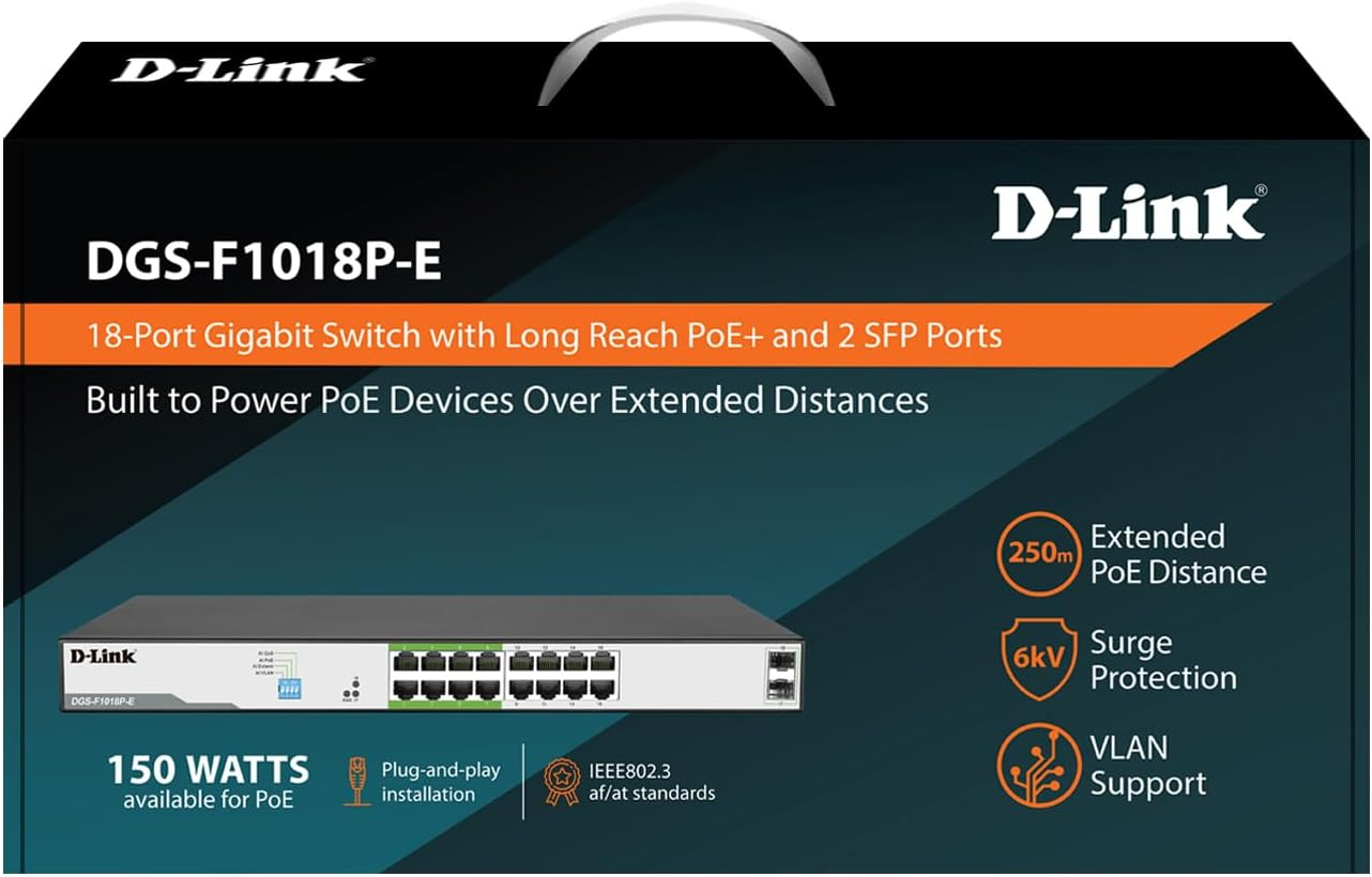 D-Link DGS-F1018P-E 18-Port Unmanaged Gigabit Poe Switch,16 Poe+ Ports, 2 SFP Uplinks, 150W Poe Budget, 250M Long Reach Poe, VLAN, Qos, Plug & Play - Ideal for Ethernet, LAN & Router Connection image number 4