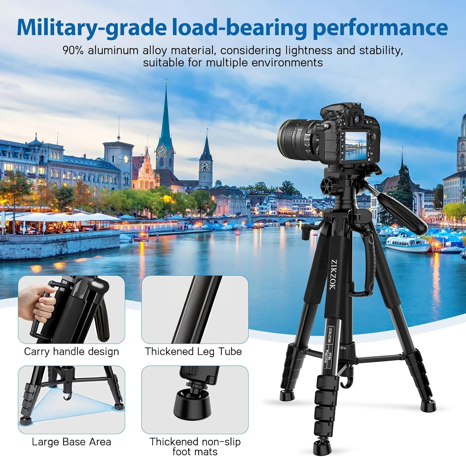 75" Camera Tripod, Aluminum Heavy Duty Camera Stand for Ipad Phone, Travel Tripod With/Carry Bag/Phone Tablet Holder, Compatible with Canon Nikon Sony DSLR, Spotting Scopes, Max Load 15 Lb(Black) image number 1