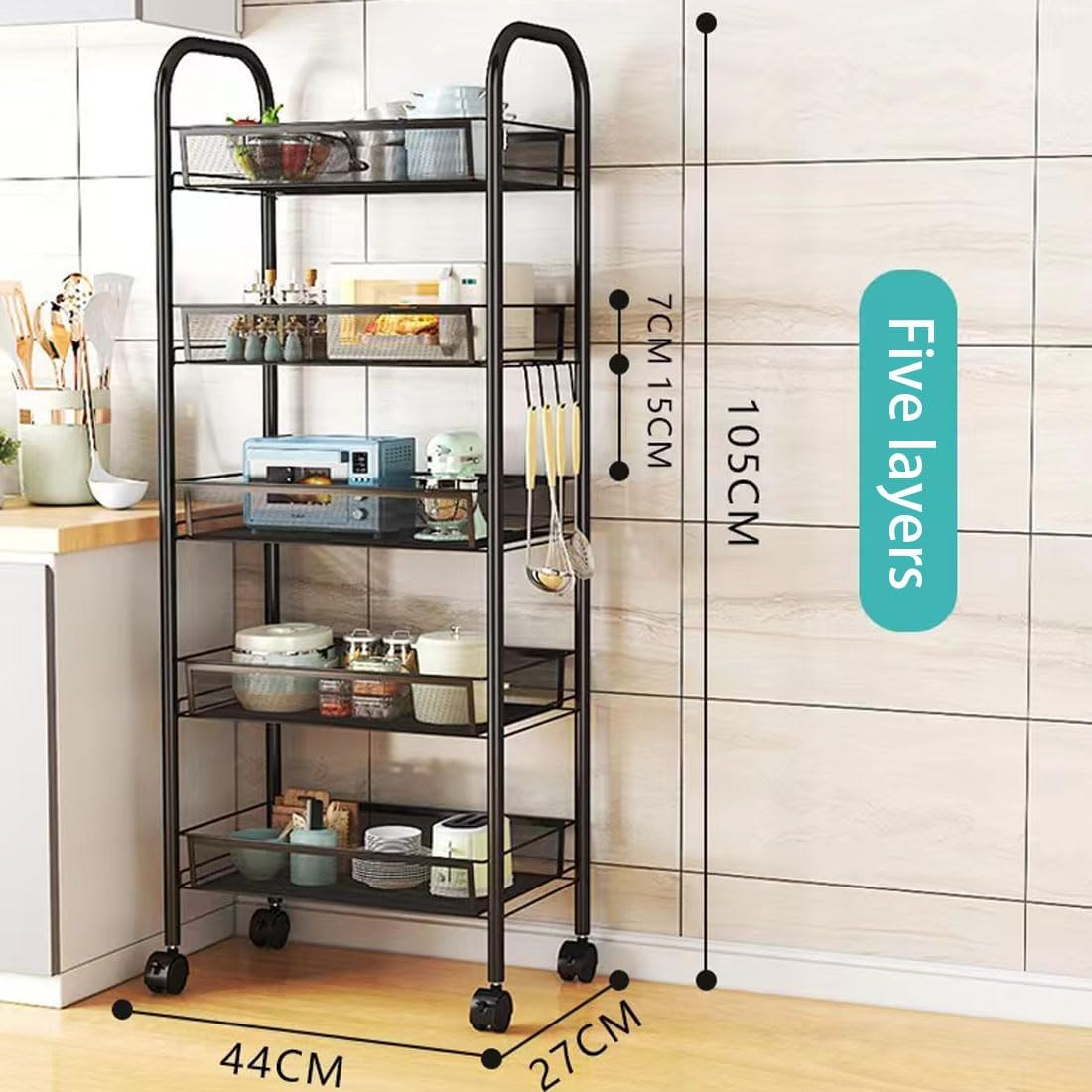 Heavy-Duty Rolling Kitchen Cart - 5-Tier Storage Shelves for Coffee Bar, Microwave & Small Space Organization (Black) image number 2