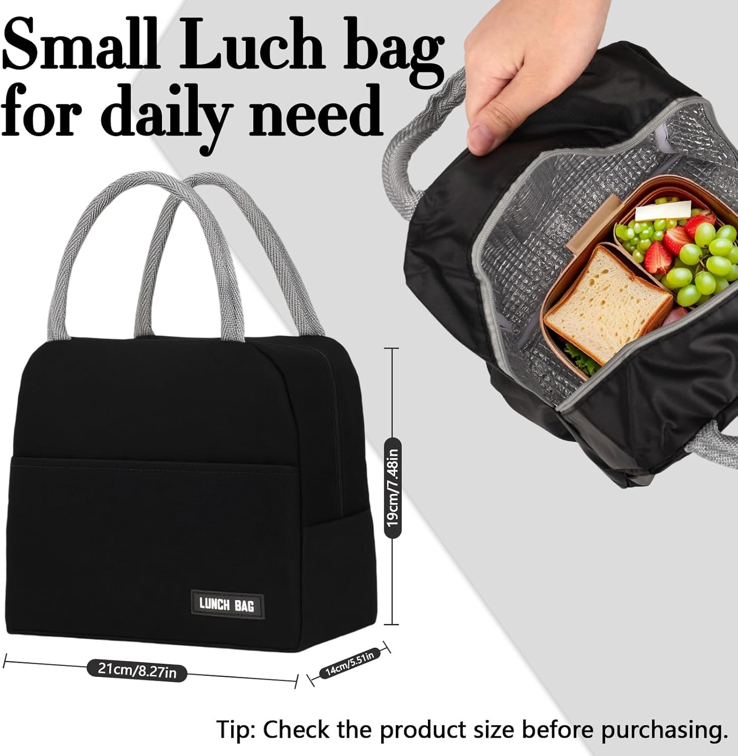 Viiotu Insulated Lunch Bag, Small Lunch Bag for Women Men Kid, Reusable Lunch Cooler Bag for Work Office Outdoor Picnic Camping (Black) image number 1