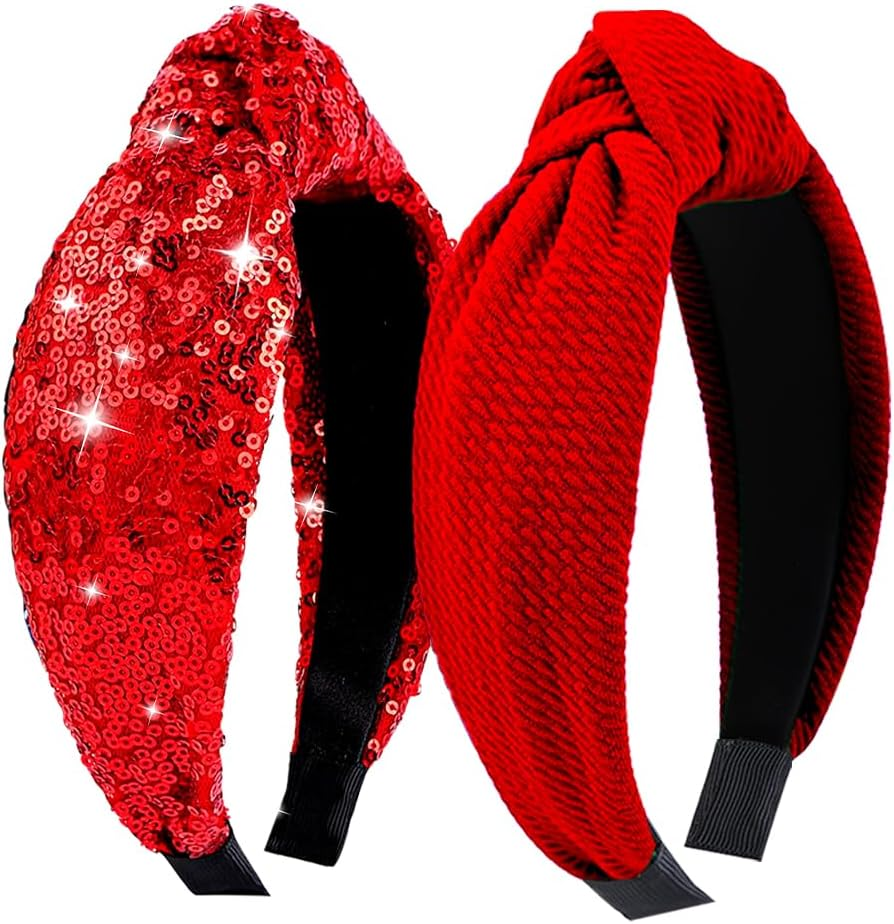 RUPOFUZA 2Pcs Valentine&rsquo;S Day Headbands for Women Red Valentines Top Knot Embellished Headband Knotted Hairband Red Hair Hoops for Women Girls Valentine Party Gifts Hair Accessories