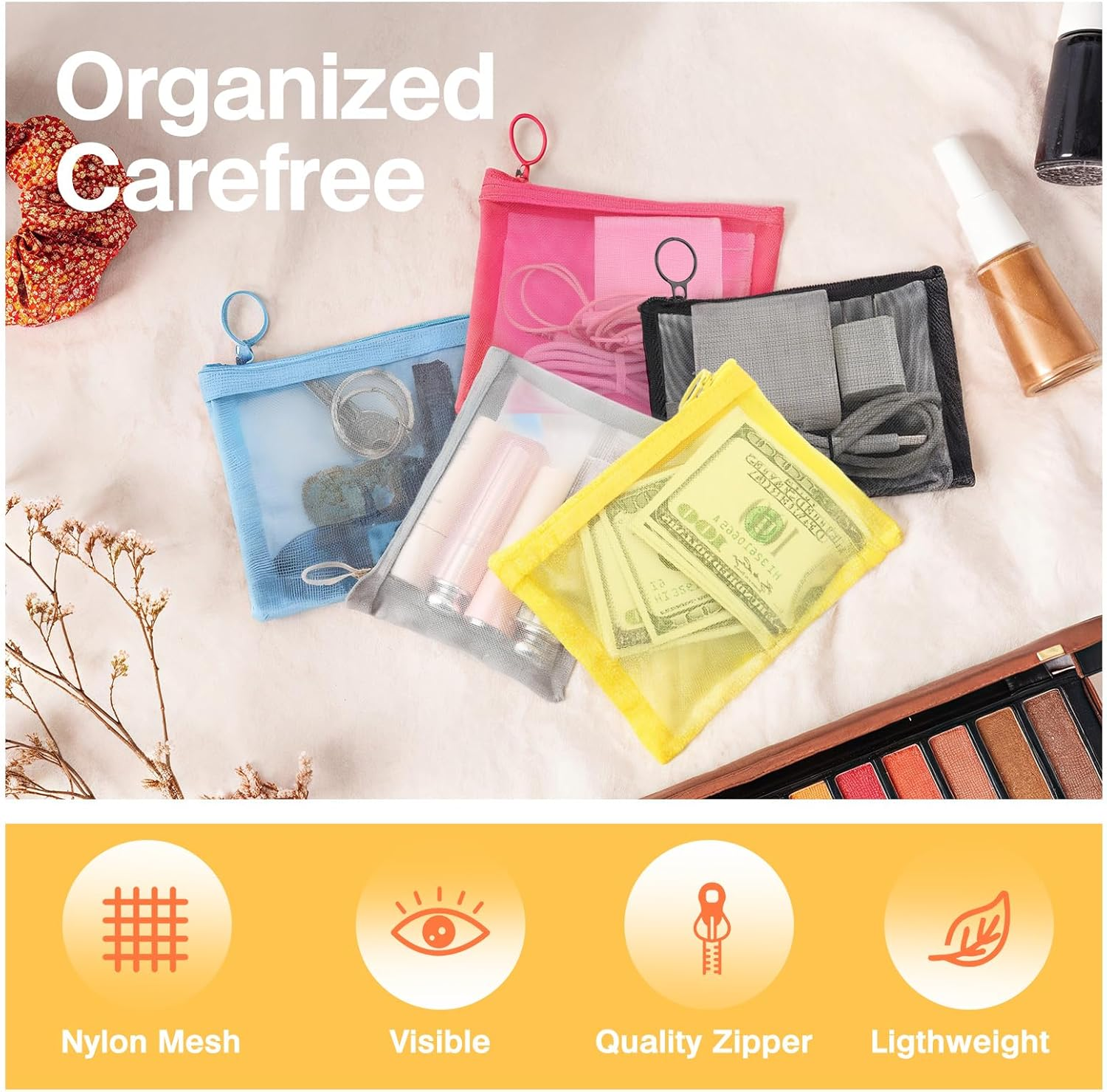 Mesh Zipper Bag Purse Organizer Pouches Makeup/Cosmetic Bag Travel Toiletry Bag Coin Pouch Daily Accessories image number 6