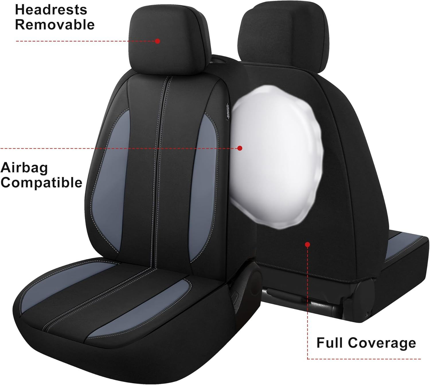 YGL Car Seat Covers for Front Seats,Waterproof Seat Covers for Cars,Durable Neoprene Car Seat Protectors,Interior Covers for Cars,Sedan Van Truck Suv(Black/Gray) image number 3