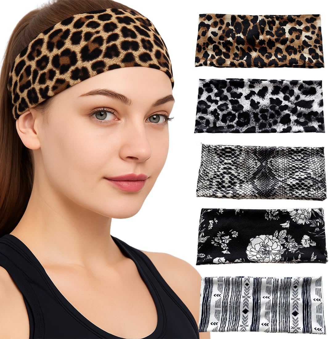 KEMUZ Pack of 6 Women'S Sports Headbands, Non-Slip & Breathable Hair Bands with Leopard Boho Print Headbands, Black Headbands, Thin Headband for Yoga, Running, Gym and Summer Hair Accessories image number 5