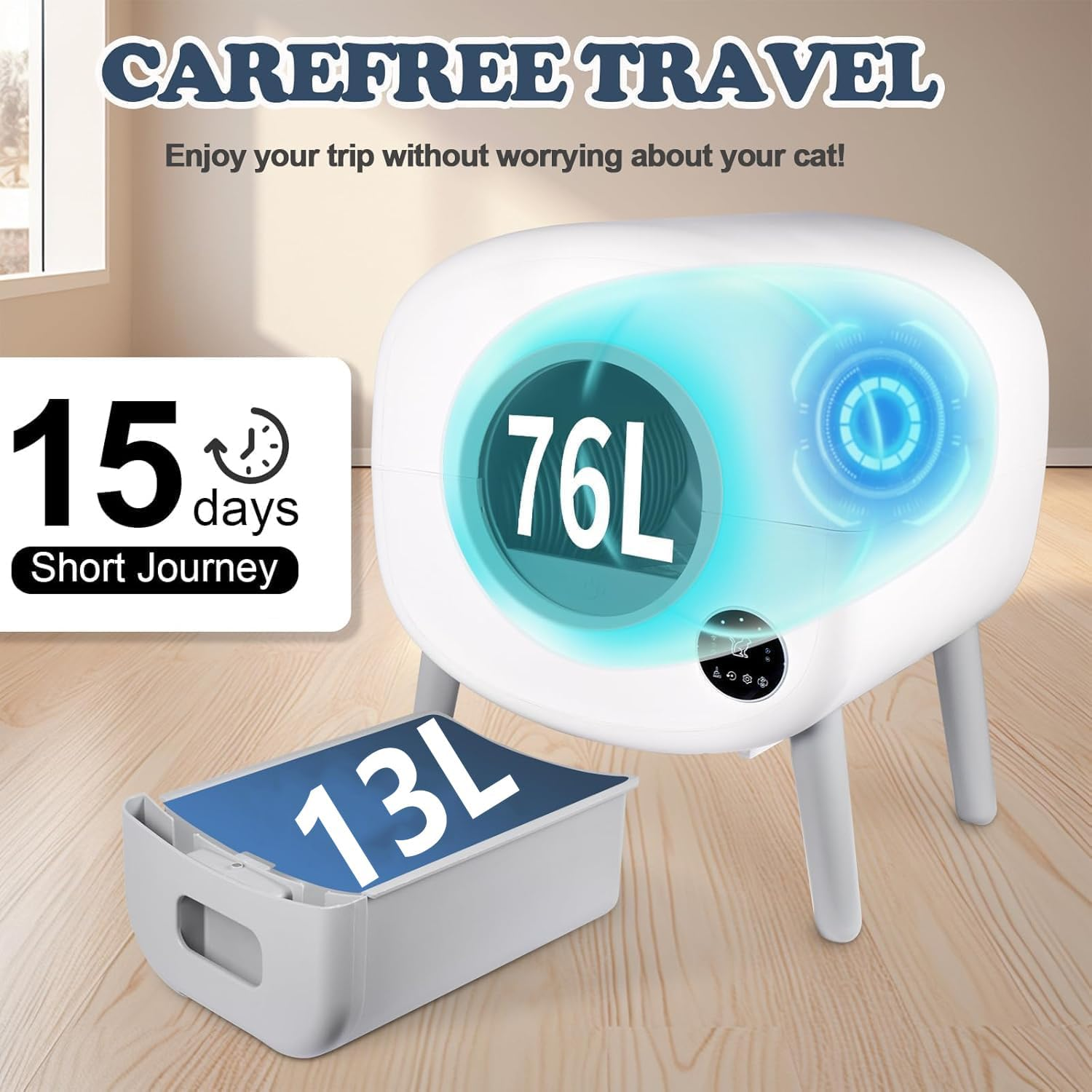 Self Cleaning Cat Litter Box with Mat & Baffle Plate, 76L+13L Large Capacity, Smart Automatic Cat Litter Box for Multiple Cats, APP Control/Low Noise/Safety Protection/Led Touch Display image number 5