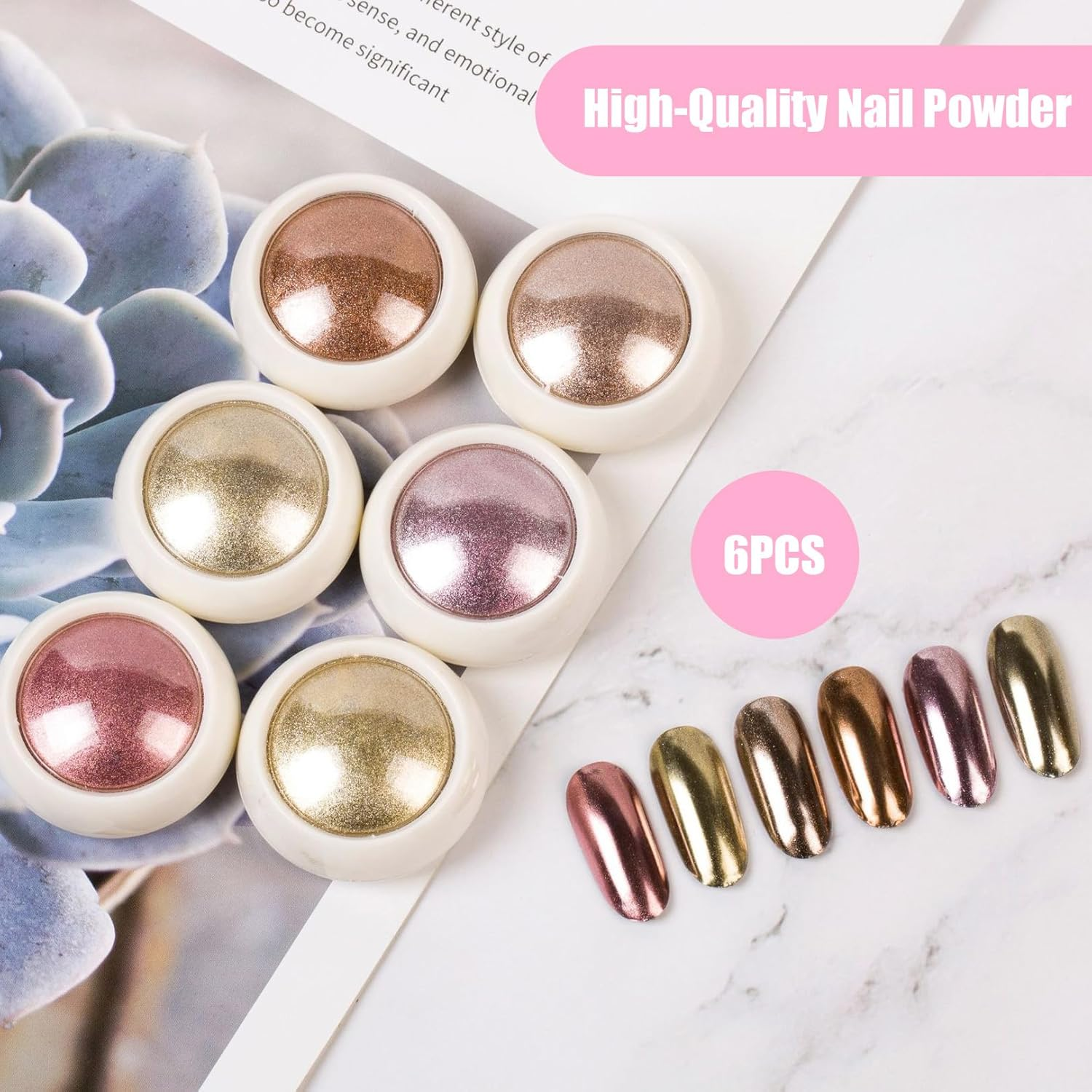 6 Pcs Chrome Nail Powder,Metallic Holo Nail Chrome Powder,Ose Gold Chrome Nail Powder Metal Nail Art Powder for Decorative Furniture,Phone Cases,Glasses Frames,Nails DIY and Other Art image number 3