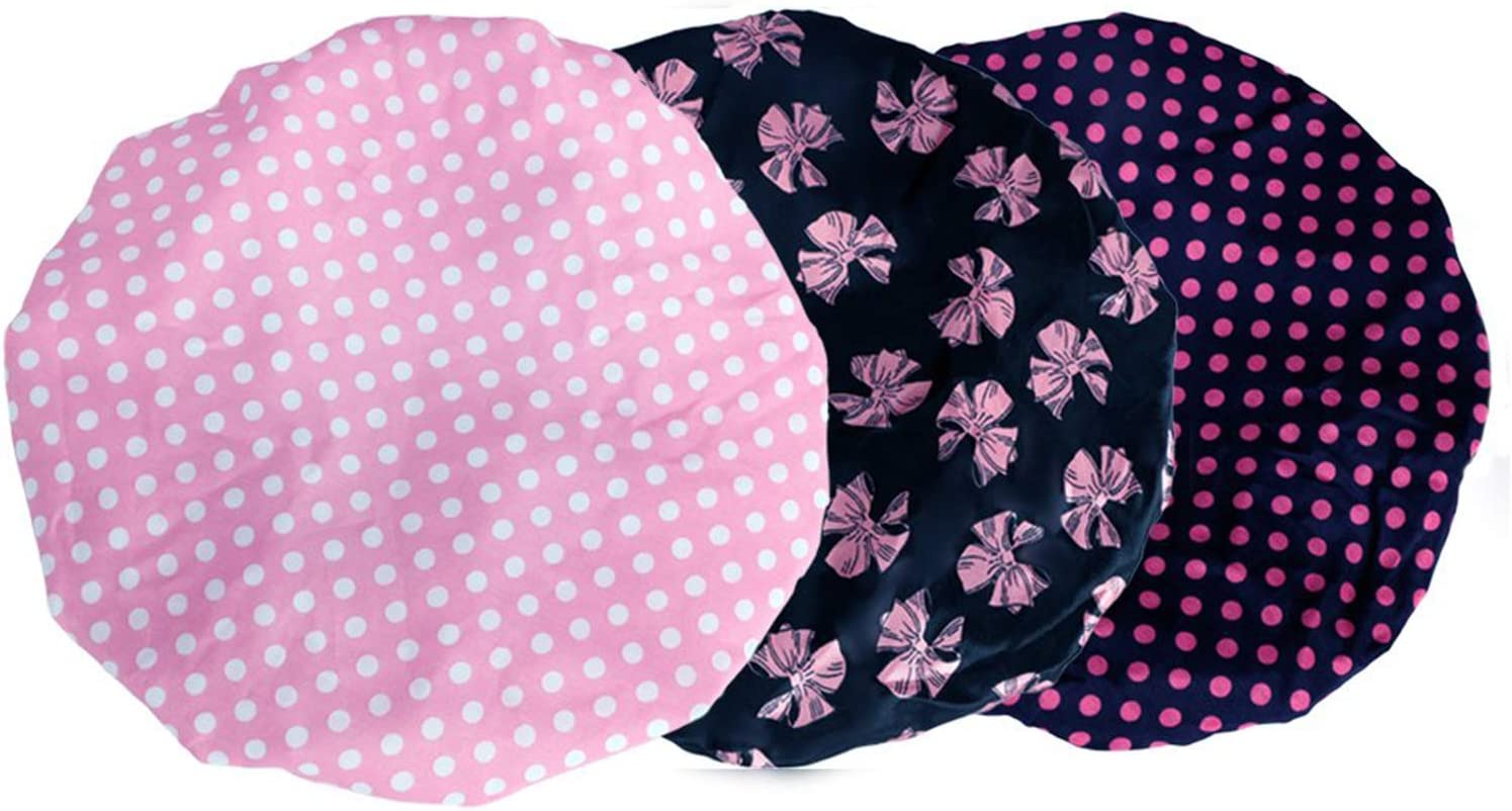 Kissdate 3 Packs Double Layer Shower Cap Waterproof Elastic Bath Cap for Women Shower Spa Salon image number 2