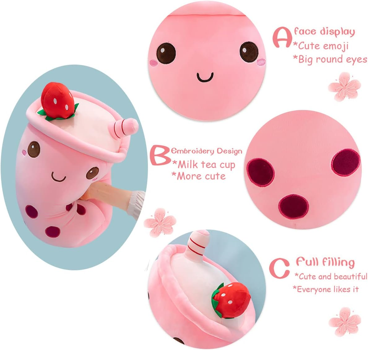 MDXMY Boba Plush Stuffed Bubble Tea Plush Pillow Soft Cute Pearl Milk Tea Hug Pillow(Pink Cream,19.6 Inches)