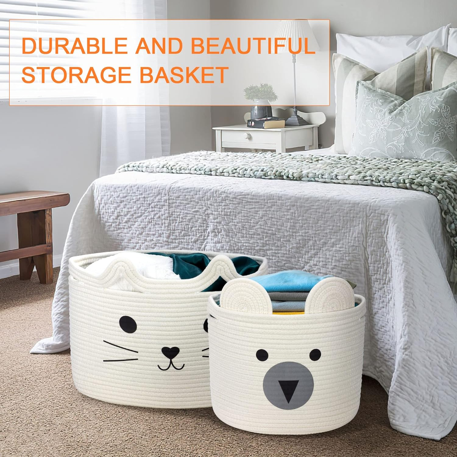 Toy Storage Basket, Kids Laundry Basket Foldable, Baby Hamper Woven Rope Basket for Nursery Cat Decor Bedroom, Toy Storage Box for Boys Girls Dog Cat(Cat,L) image number 4