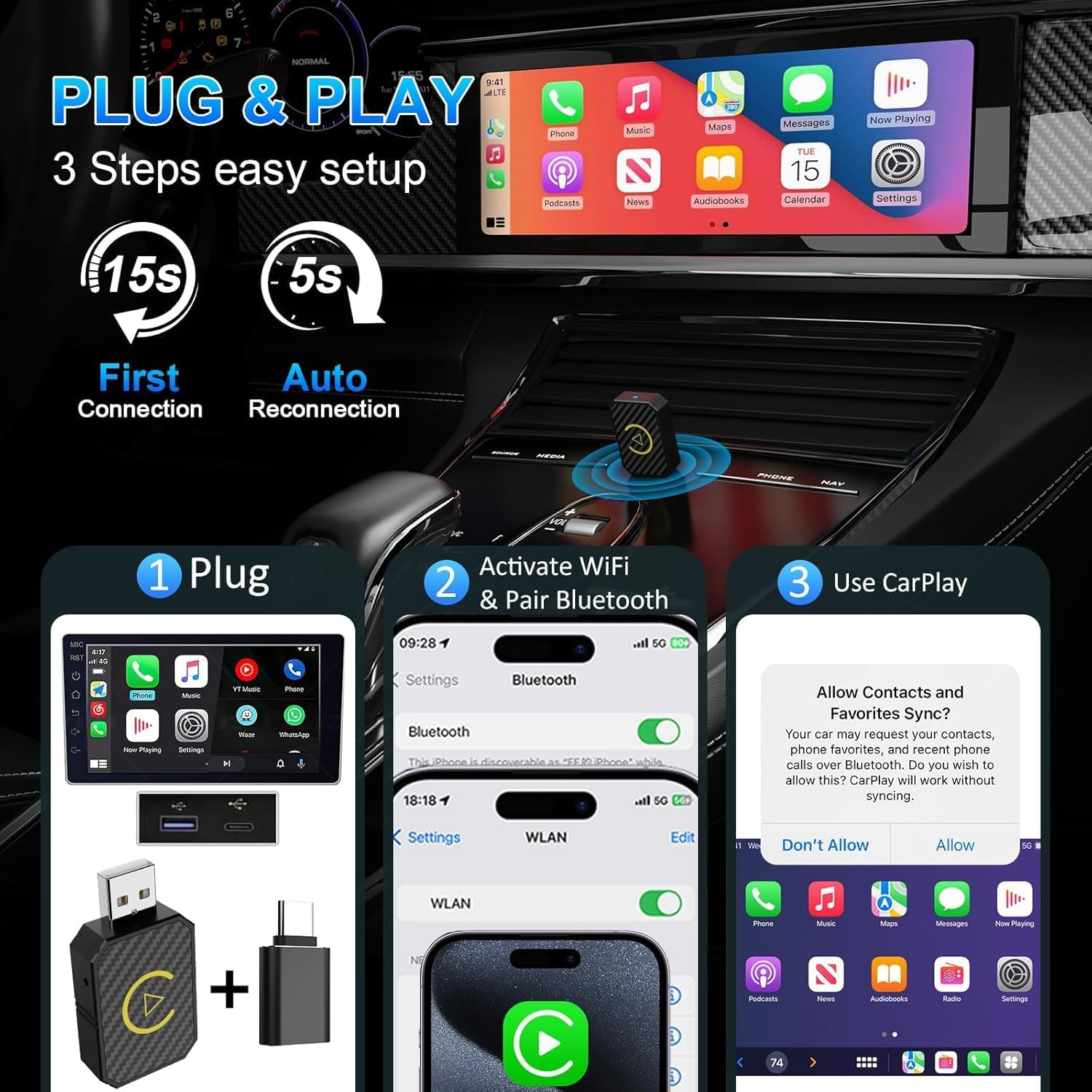 Mini Wireless Carplay and Wireless Android Auto Adapter 2024 for Iphone/Android, Carplay Wireless Dongle Plug and Play Low Latency Converts Wired to Wireless Carplay for Cars 2016+ image number 1