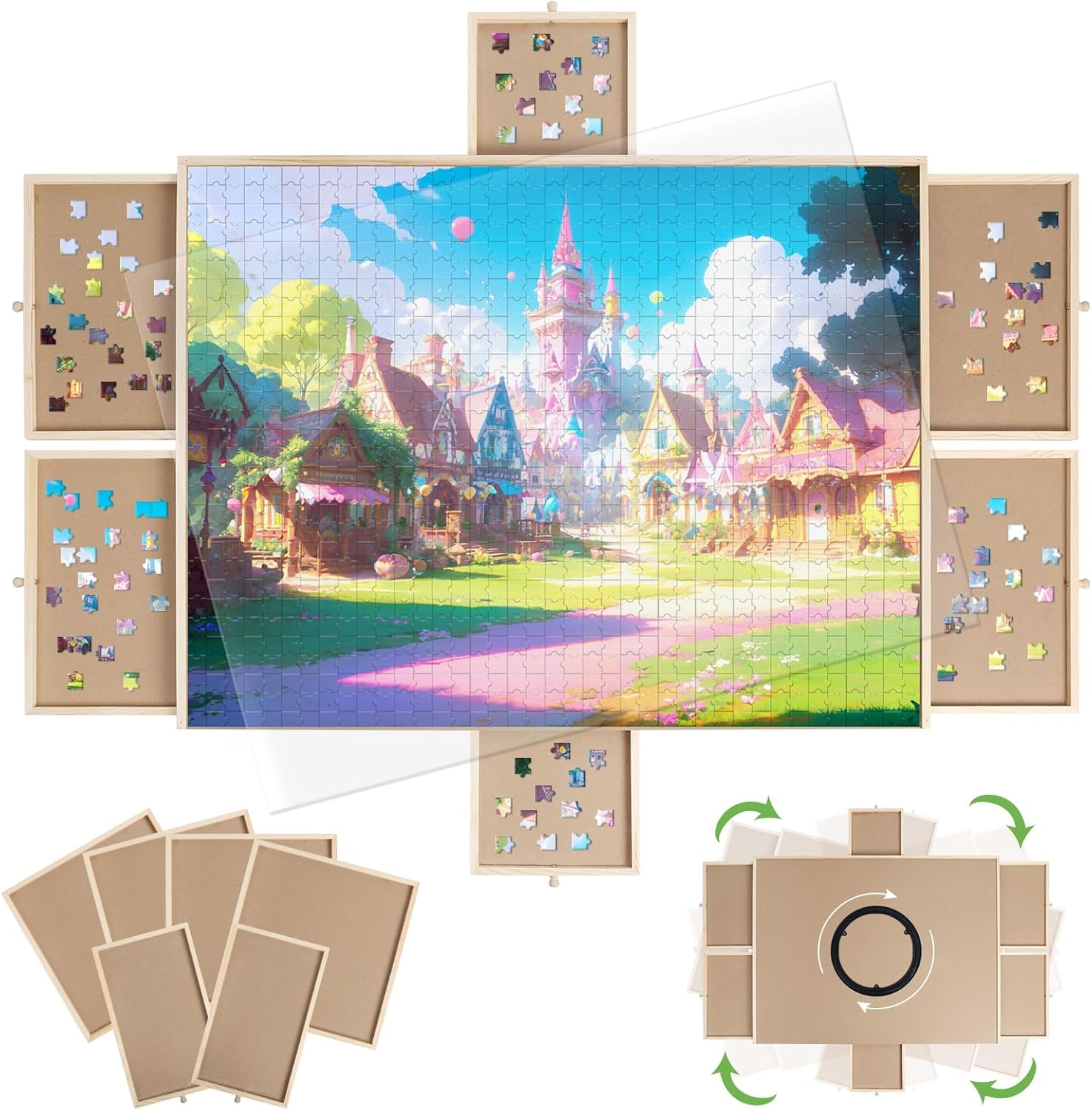 1500 Pieces Wooden Puzzle Board with 6 Drawers, Large Jiasaw Puzzle Board Game Table 360&deg; Rotating for Adults Kids Playing Puzzle Game, Jigsaw Puzzle Board with Puzzle Tray for Organizing Sorting image number 3