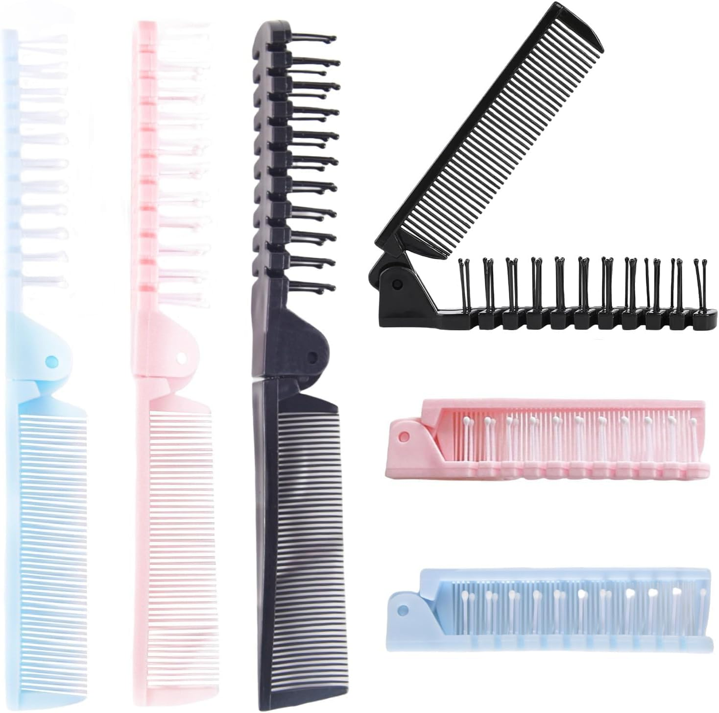 Pack of 3 Foldable Hair Brush and Comb, Plastic Portable Travel Hair Brush Bag, Hair Comb, Double Head Massage Hair Comb for Thick Thin Hair (Black, Blue, Pink) image number 2