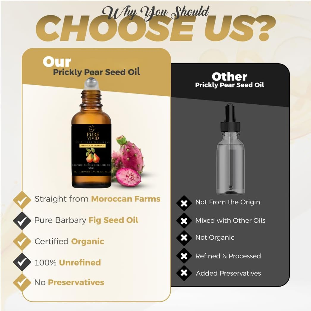 ORGANIC PRICKLY PEAR SEED OIL 50Ml | Roll on Glass Bottle |- Cold-Pressed for Face, Hair, Skin, and Body - Deep Moisturizing Prickly Pear Seed Oil for Dry Oils Skin and Natural (50 Ml)