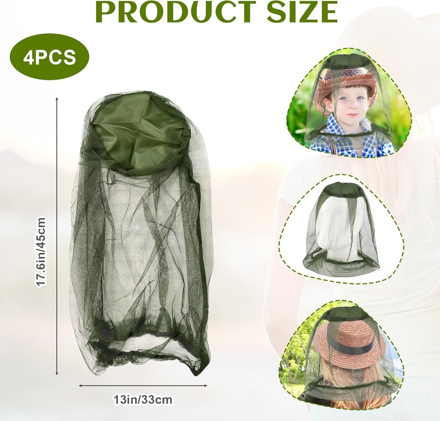 4 Pack Mosquito Head Net - Breathable Insect Face Shield for Hiking, Camping,Fishing & Gardening | Lightweight Bug Proof Mesh Cover | Beekeeper Approved | Army Green image number 4