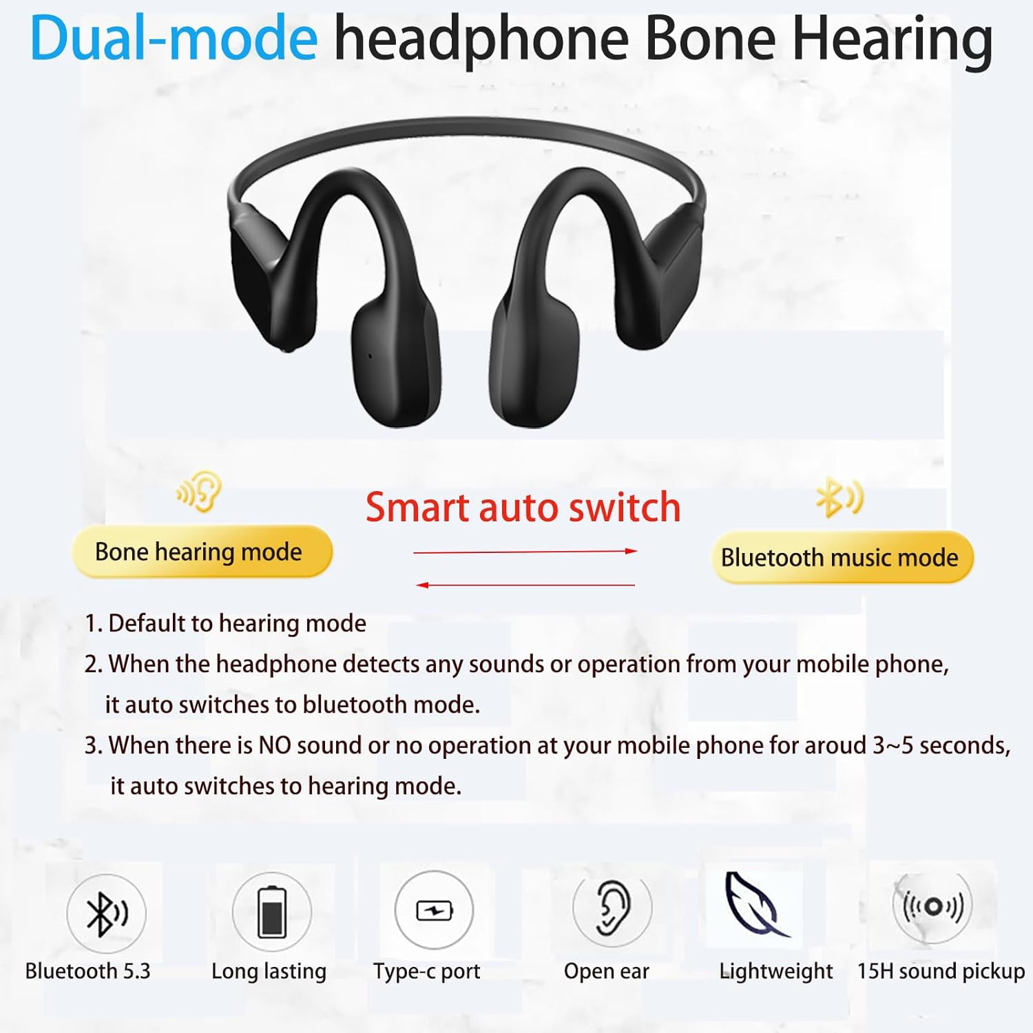 FANSAISI Bone Conduction Hearing Headphones, Bluetooth Open Ear Listening Headsets Earphones with Sound Collector for Conversations, 15H Long Working Time for Daily Use image number 2