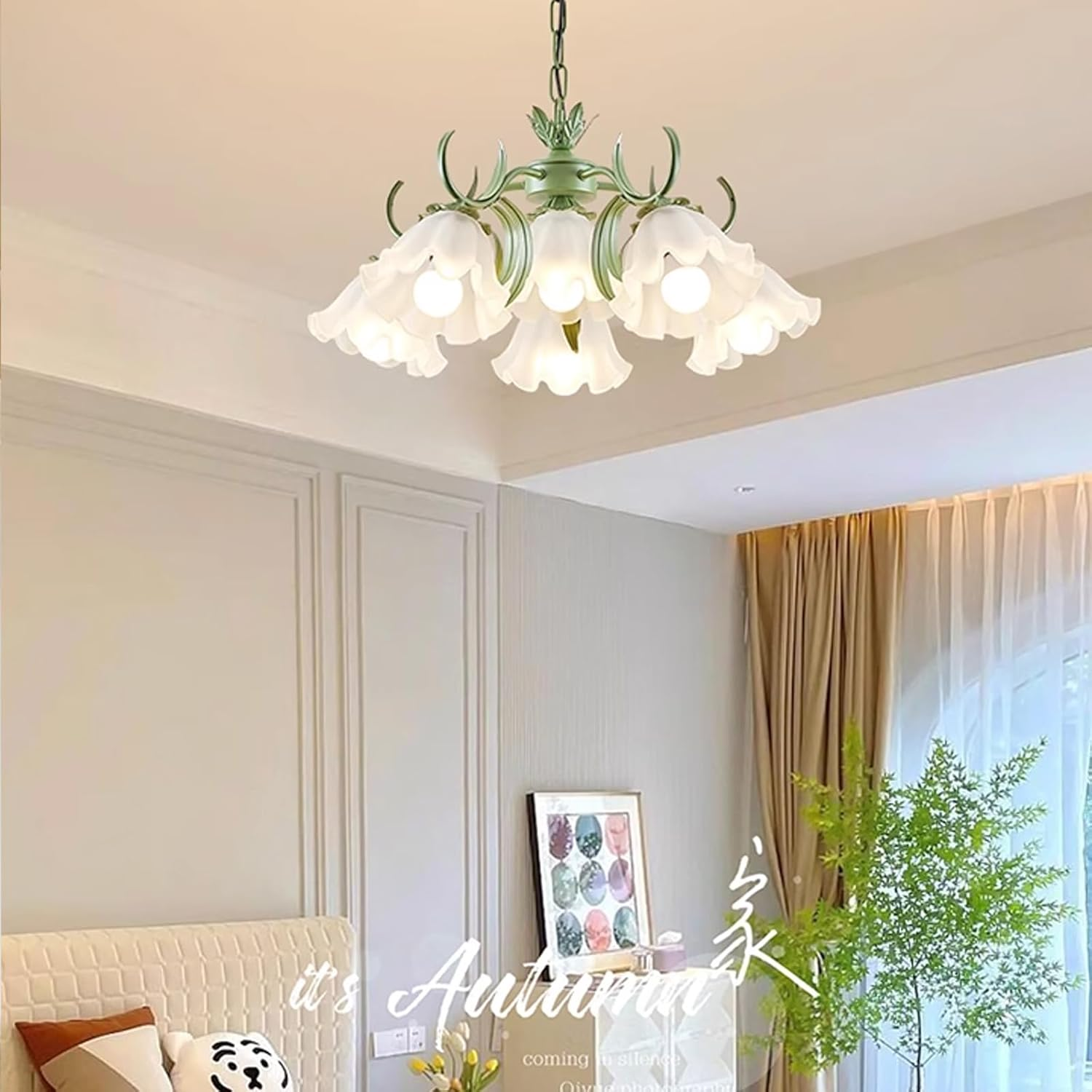 French Country Ceiling Light, Vintage Flower Chandelier with Acrylic Shade, Black and Gold Pendant Lights for Living Room, Bedroom, Kitchen, Hallway (Green,6Heads) image number 4