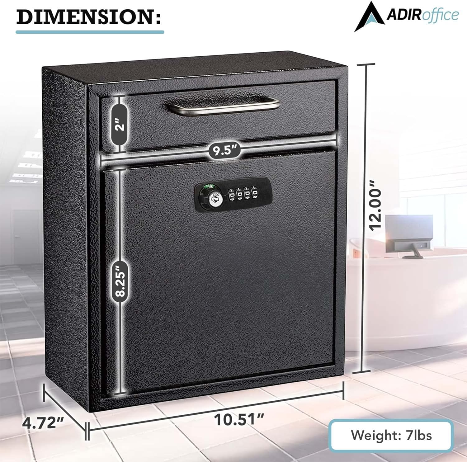 Adiroffice Ultimate Drop Box Wall-Mounted Mailbox - Hanging Secured Postbox - Durable Spacious Key or Combination Lock Box Perfect for after Hours Deposits Payments Key and Letter Drop (Medium, Black) image number 2