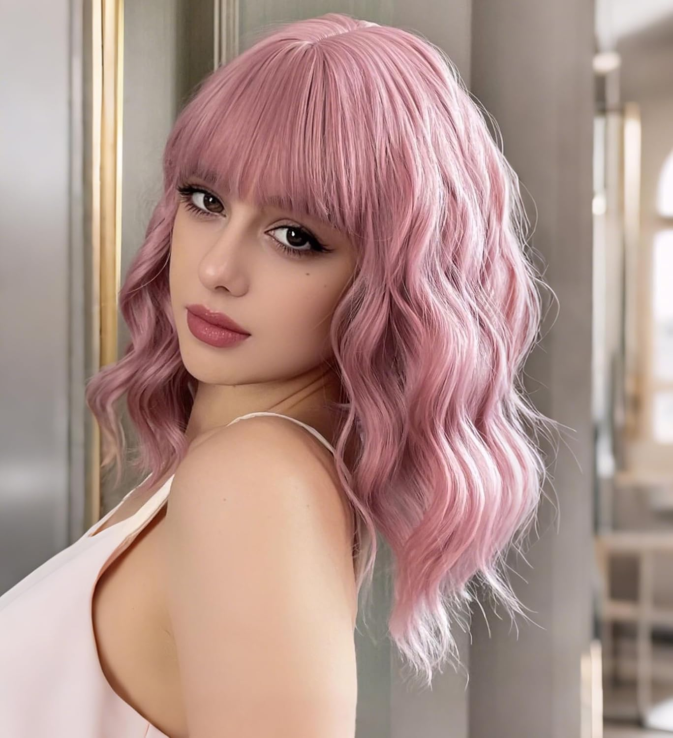 VCKOVCKO Pastel Wavy Wig with Fringe Short Bob Purple Pink Wig Curly Wavy Shoulder Length Pastel Bob Synthetic Cosplay Wig for Girls Colourful Costume Wigs (12 Inches, Purple Pink)