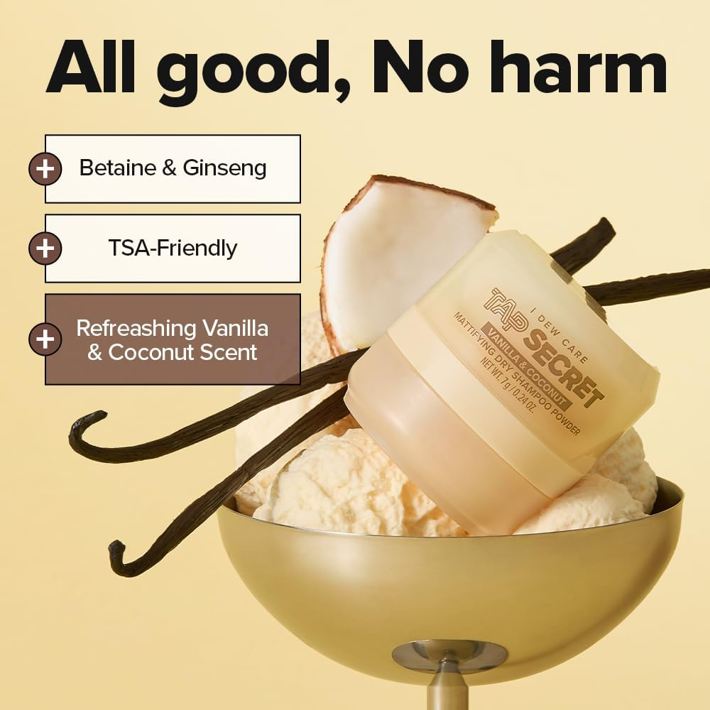 I DEW CARE Tap Secret Dry Shampoo Powder with Biotin - Tap Secret Vanilla & Coconut | Revitalizing & Volumizing, Powder Type, Travel Size, Non-Aerosol Format, Korean Ginseng, 0.24 Oz image number 6