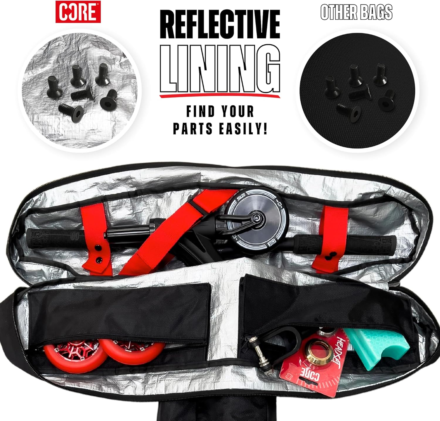 Core Stunt Scooter Travel Bag - Suitcase/Carry Luggage for Kids & Complete Stunt Scooters, Lightweight Carry on Soft Shell Bag for Travelling Scooter Waterproof Heavy Duty Sports Luggage - Black/Red image number 4