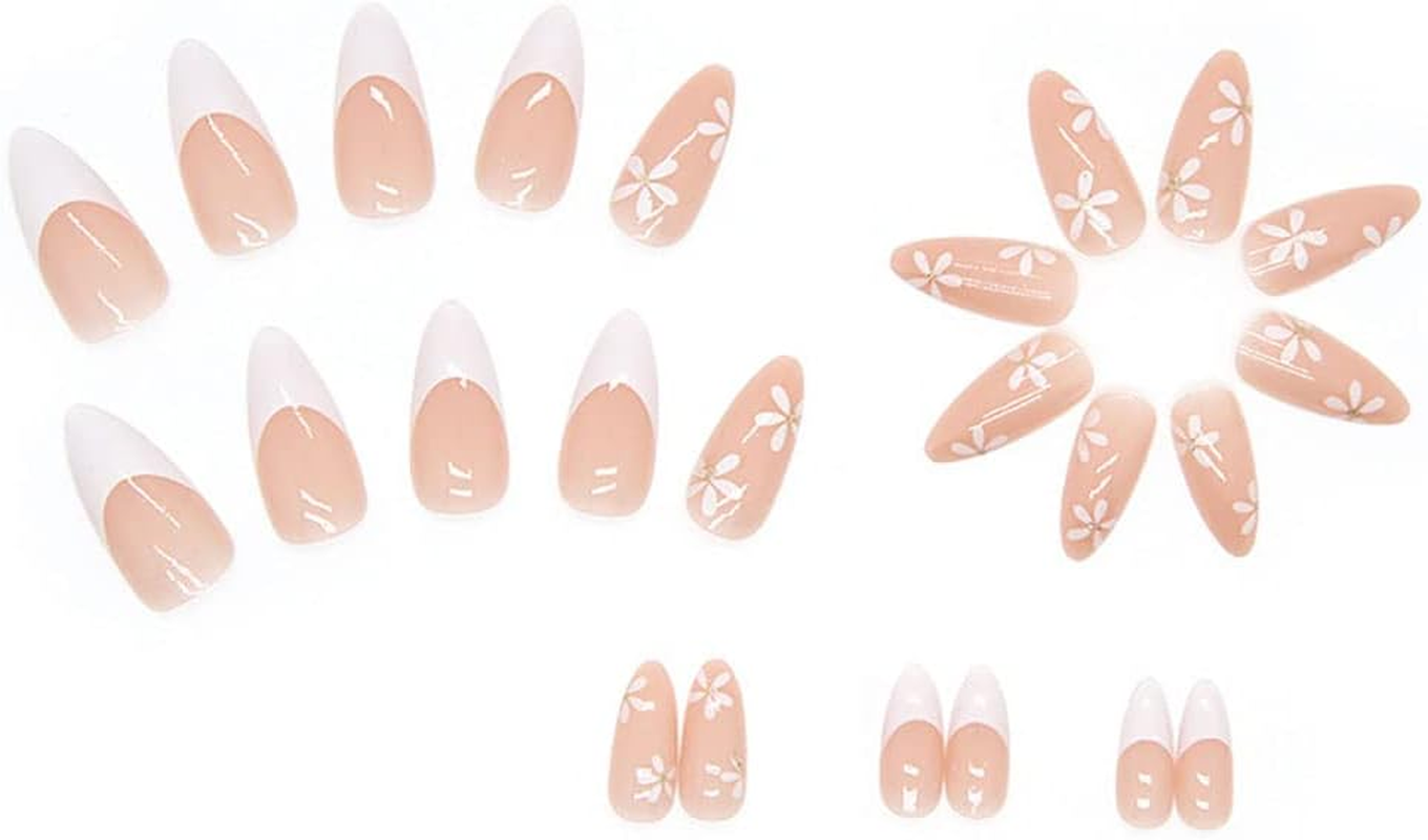 Rikview French Tip Press on Nails Medium Fake Nails White Press on Nails with Flowers Design Almond Acrylic Nails image number 6