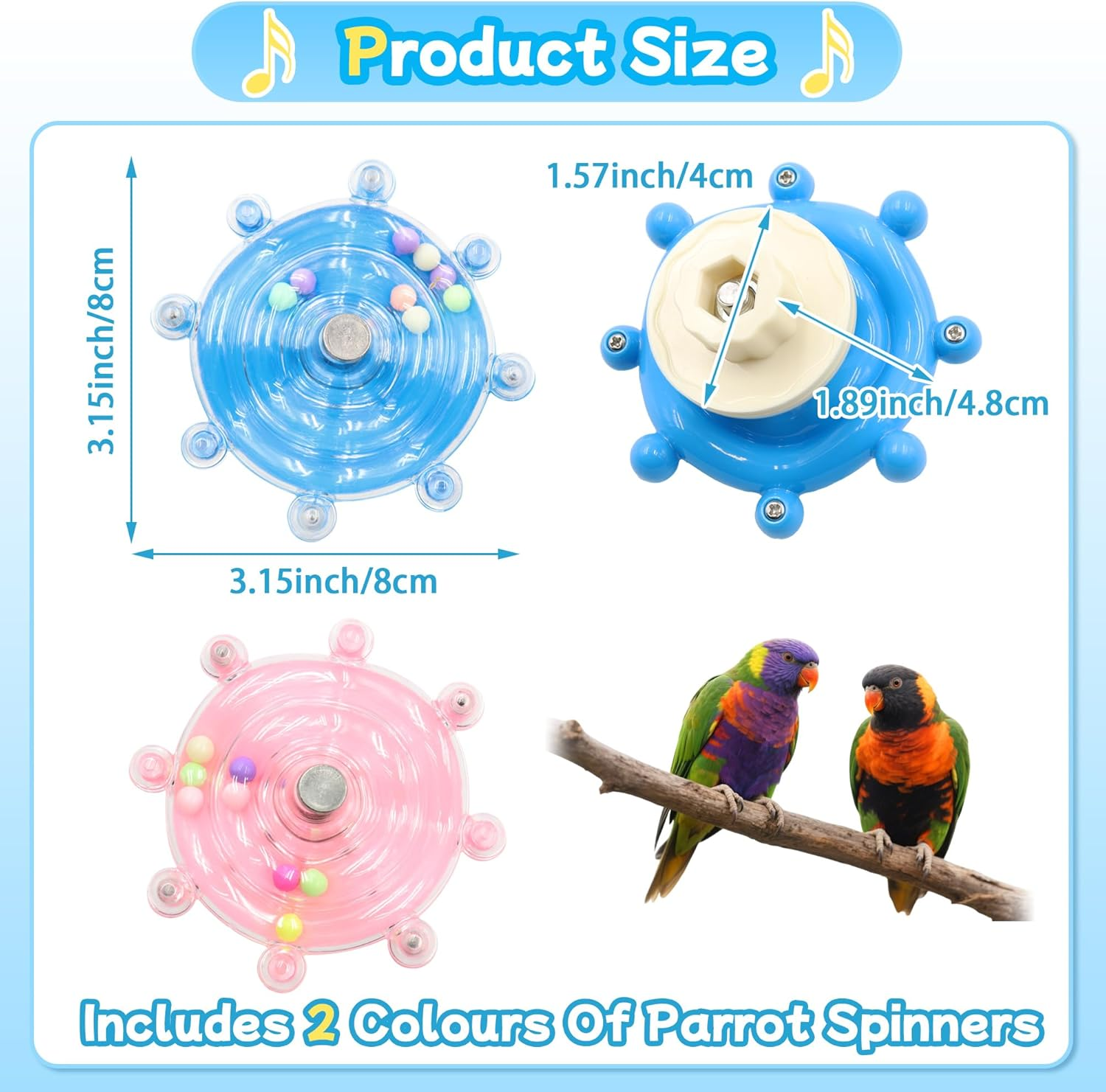 2 Colors Bird Toys for Parrots, Small Bird Cage Toys with Spinning Rattle, Hanging Roller Parakeet Cage Accessories for Chewing Exercise, Budgie Entertainment (Pink and Blue) image number 6