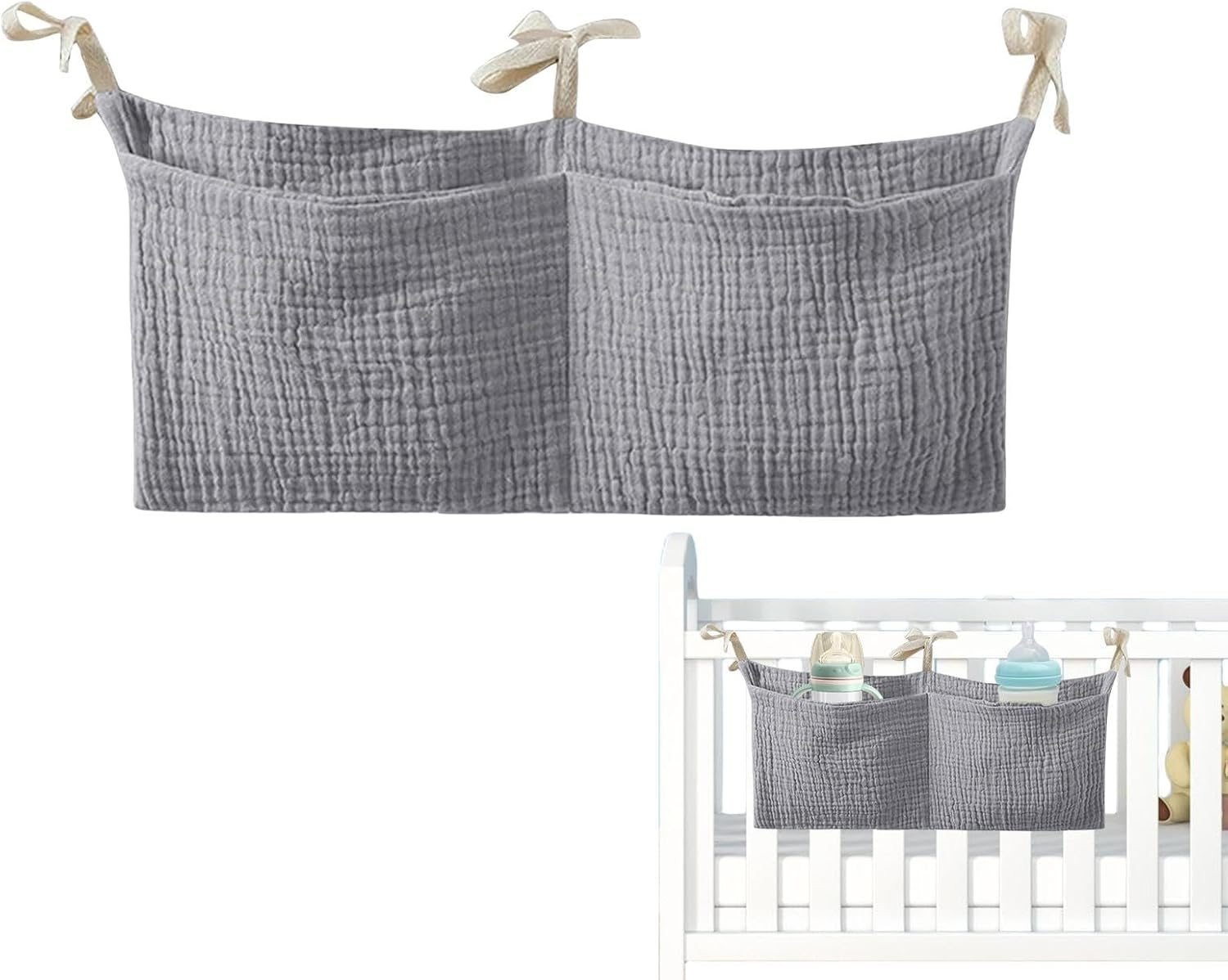 Crib Organizer for Crib | Portable Bedside Bag Diaper Nursery Organizer,Cotton Organizing Bag with 2 Pockets Multiple-Use Baby Bedding for Feeding Bottle