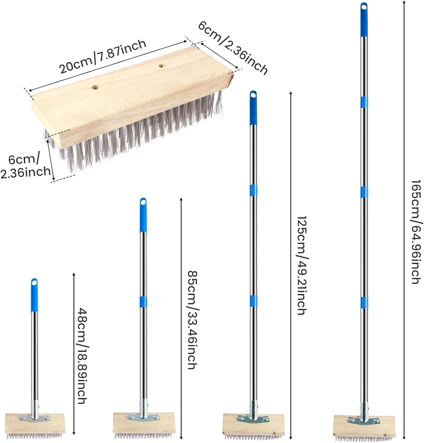 65" Stainless Steel Wire Broom with 4 Detachable Pole, Deck Scrub Brush with Long Handle, Stiff Metal Brush, Floor Scrub Bristles Brush, Tile Deck Cleaning Tool for Cleaning Moss Grout Algae Weed