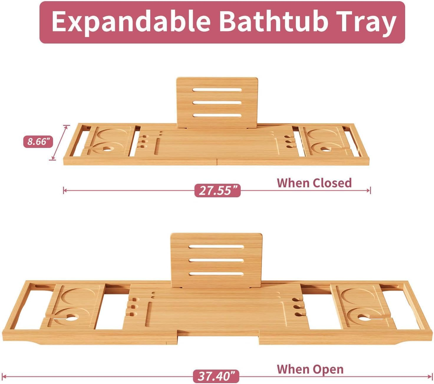 Bathtub Tray, Premium Expandable Bath Tray Caddy with Soap Box and Phone Holder, Bathroom Accessories, House Warming Gifts, Anniversary and Wedding Gifts, for Mum Wife Women (Wood Color) image number 1