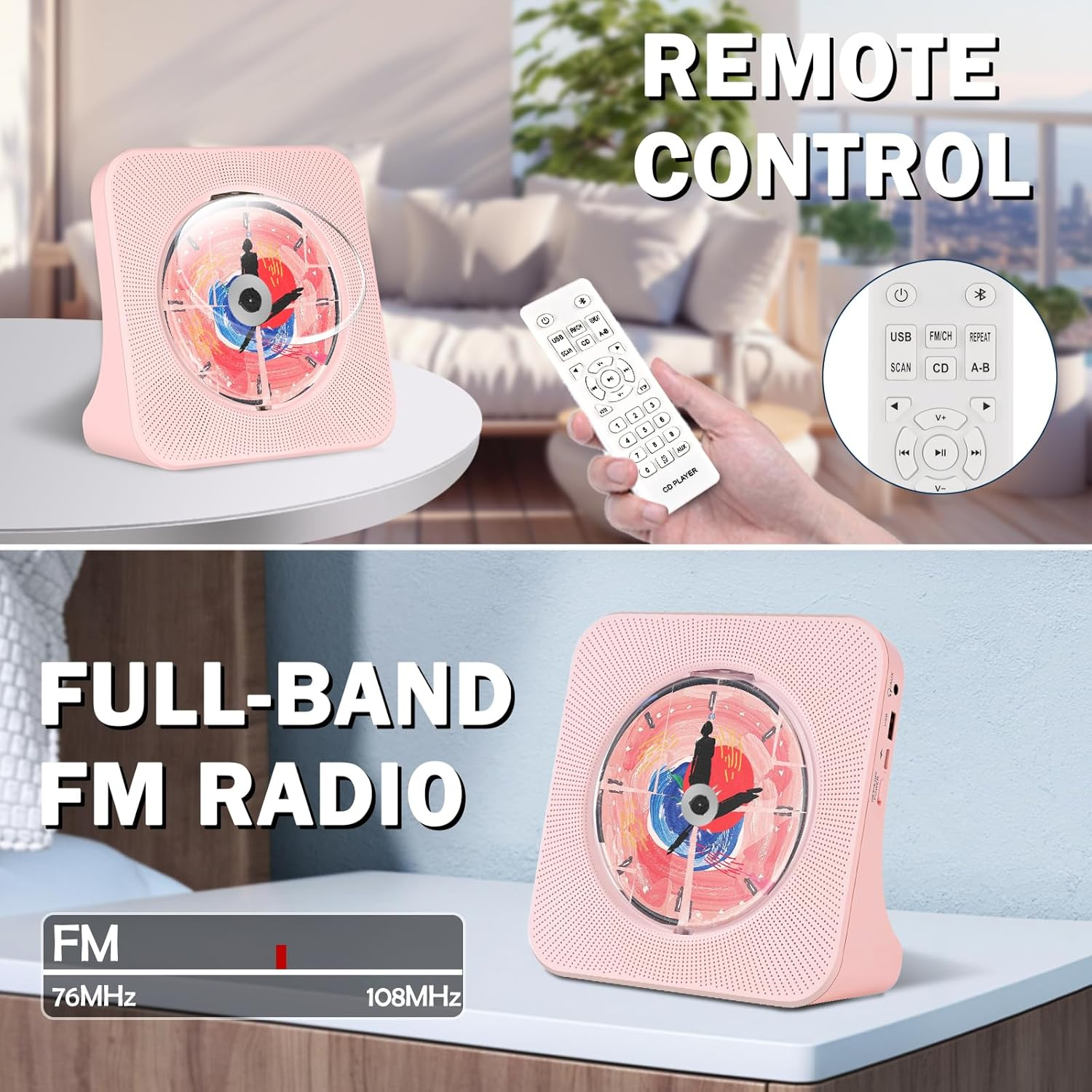 Portable Bluetooth CD Player Timer, Desktop Cd-Player Built-In Dual Hifi Sound Speakers, Kpop Players with Bluetooth Receive, Compact Music Player with Remote Control, Support USB, AUX Port, FM Radio image number 1