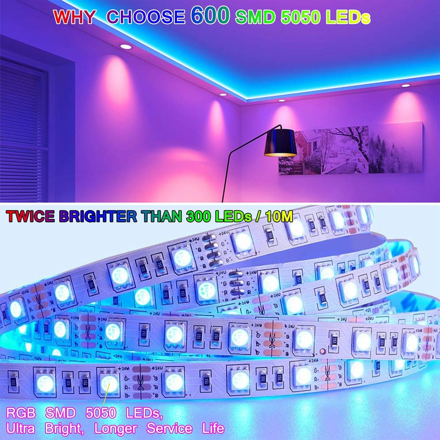 20M Ultra Bright Bluetooth Led Strips Lights,Aled LIGHT 2X10M 1200Leds 24V 5050 RGB Color Changing Flexible Rope Lights Kit Music Sync 44-Key Remote&App Control Non-Waterproof for DIY Home Decor image number 3