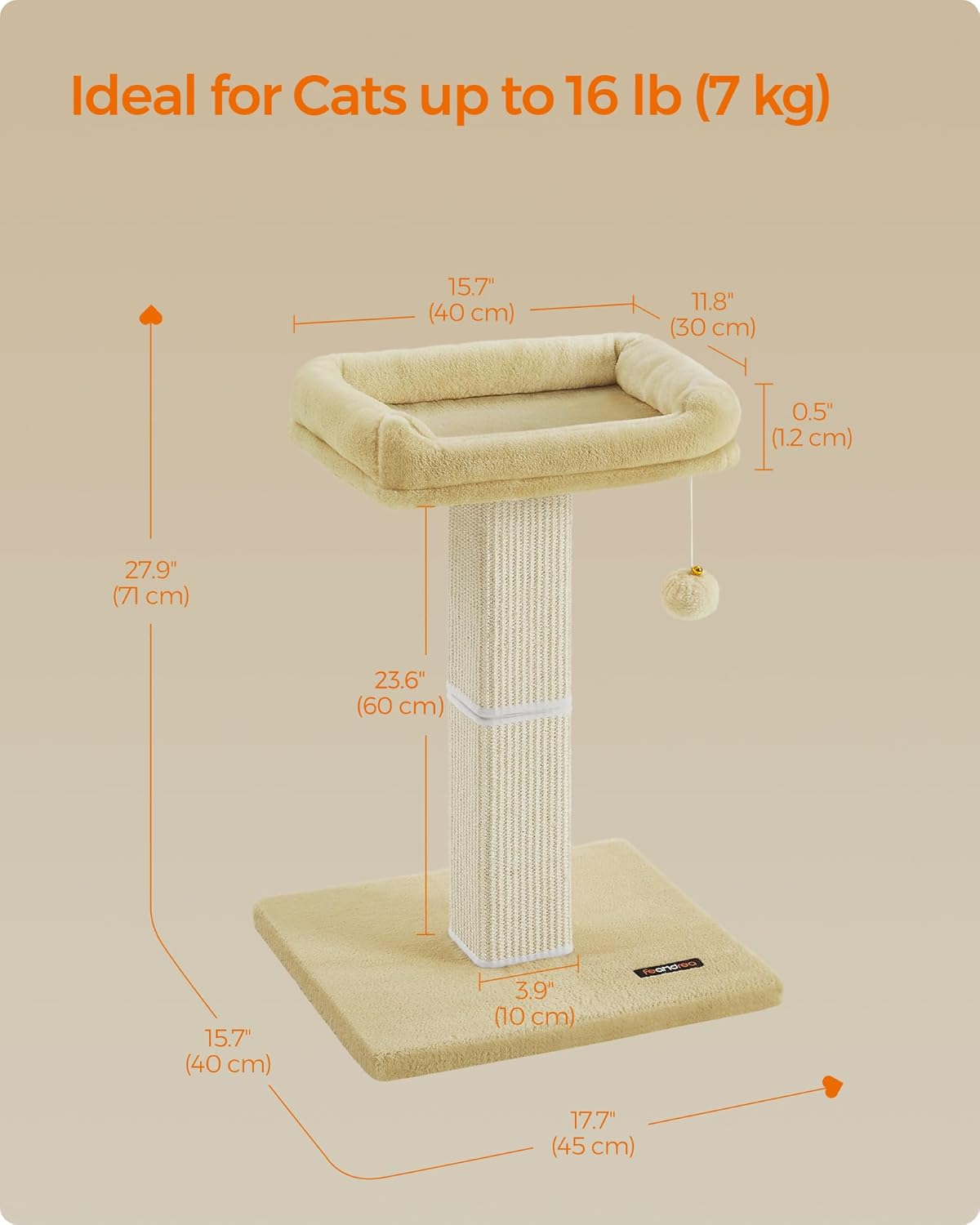 Feandrea Cat Scratching Post, 27.9-Inch Cat Scratcher with 15.7 X 11.8 Inches Plush Perch, Tall Scratch Post with Woven Sisal, Pompom, Removable Washable Cover, Beige UPCA022M01 image number 4