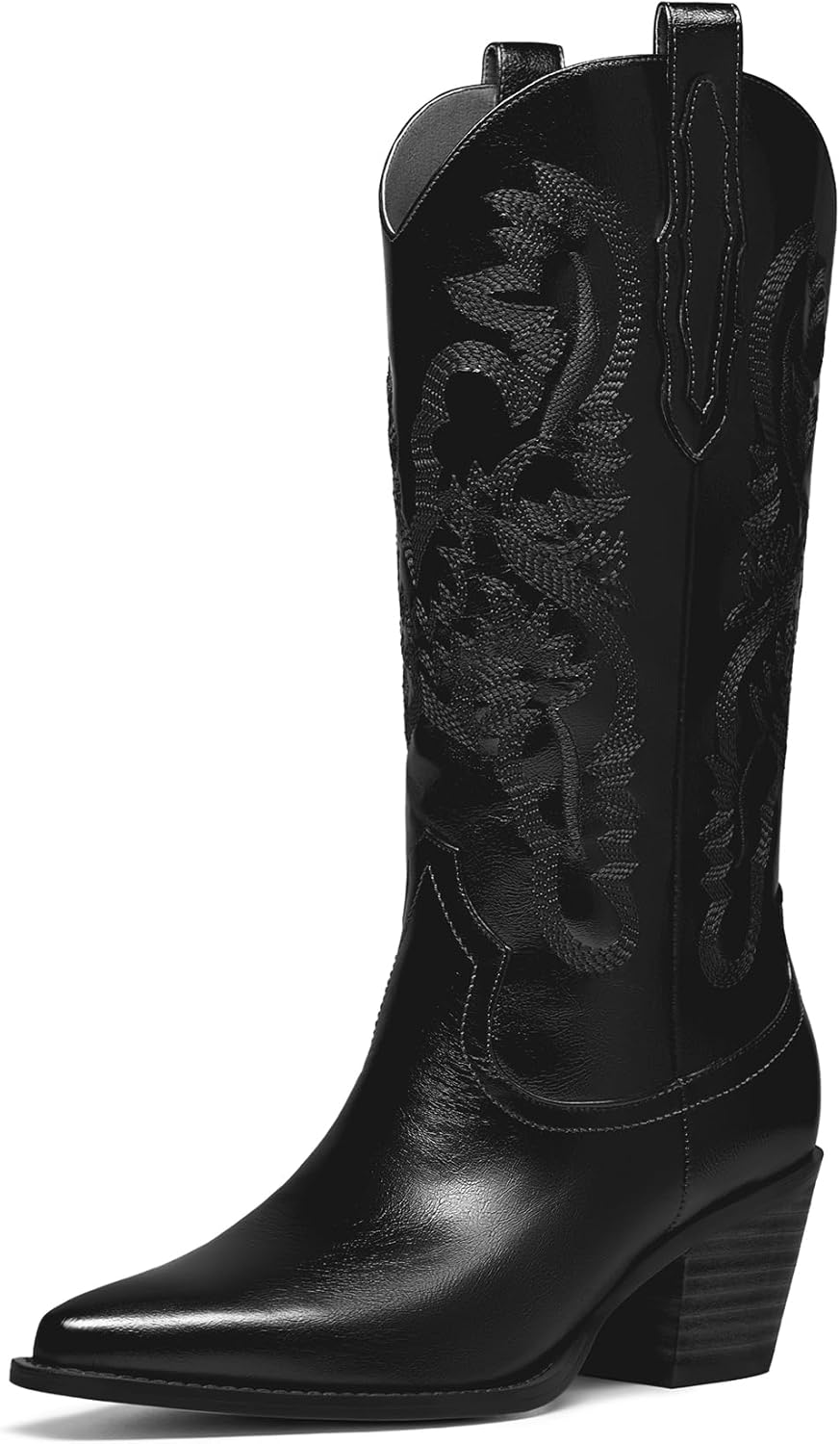 Driceic Glitter Wide Calf Metallic Embroidered Cowboy Boots for Women Sparkly Mid Calf Chunky Heel Pull on Pointy Toe Western Cowgirl Boots Fashion Vintage Short Booteis for Girl