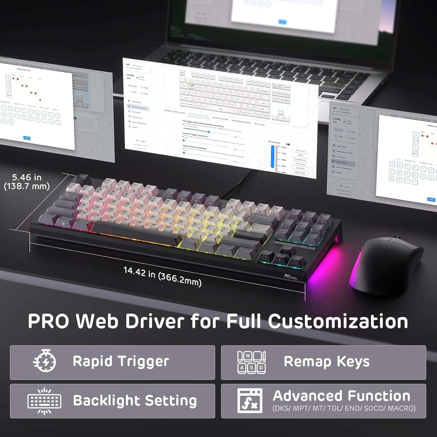 RK ROYAL KLUDGE C87 HE Rapid Trigger Gaming Keyboard, 87 Keys TKL Wired RGB Mechanical Keyboard, 80% Hall Effect Magnetic Switch Keyboard W/Adjustable Actuation Point, 8K Polling Rate, for FPS Gamer - Blackpink image number 6