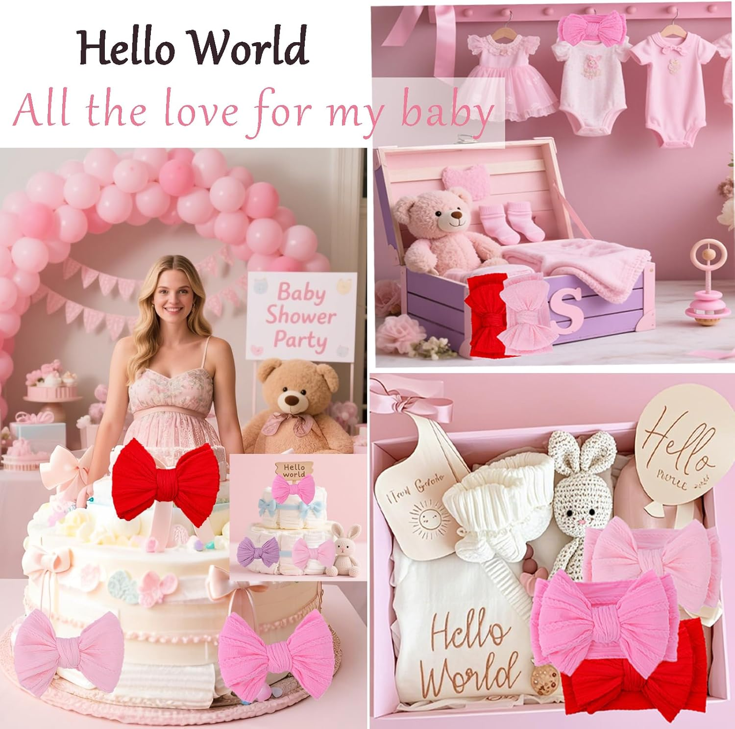 Lemonspace Handmade Red Baby Bow Baby Girls Headbands with Bows High Stretchy Soft Nylon Infant Headwrap Newborn Red Pink Hair Accessories Wonderful Gift for Mother'S Day,Baby Shower image number 1