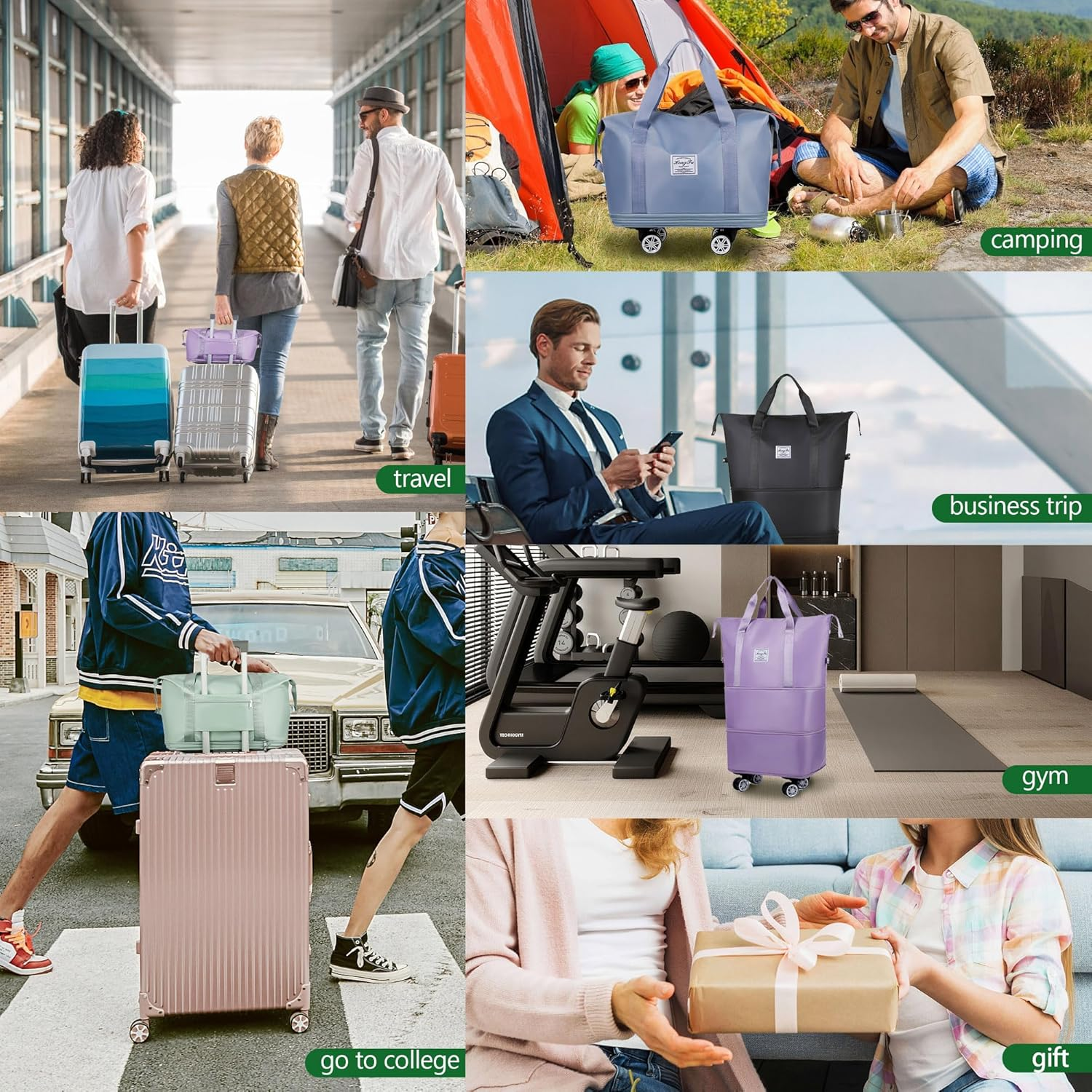 Wymulot Expandable Suitcase, Folding Travel Bag with Wheels, Weekender Travel Bag for Carry-On, Tote Bag with Storage Space，Large Luggage Bag for Business Trips, Camping, Short Trips, Fitness, Misty - Green image number 2