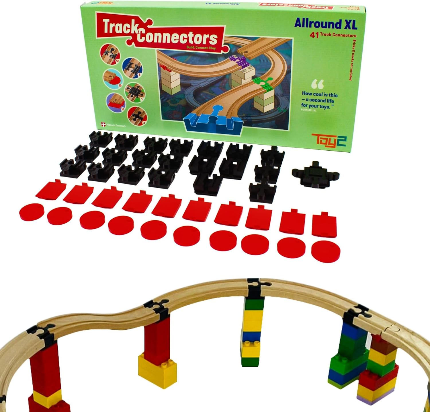 TOY2 Allround Medium Set Compatible Brio Railway &  Duplo Building Blocks Building Set 6 Different Track Connectors Sustainable Wooden Railway Wooden Rail Connectors, All-Round Set 20 Rail