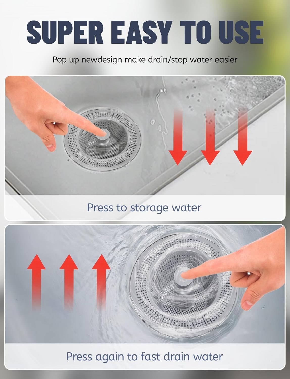 Upgraded Kitchen Sink Drain Strainer and Stopper Set 304 Stainless Steel Pop up Sink Drain Strainer with Rod Anti-Clog Kitchen Sink Filter Clog-Free Kitchen Sink Strainer Light Silver