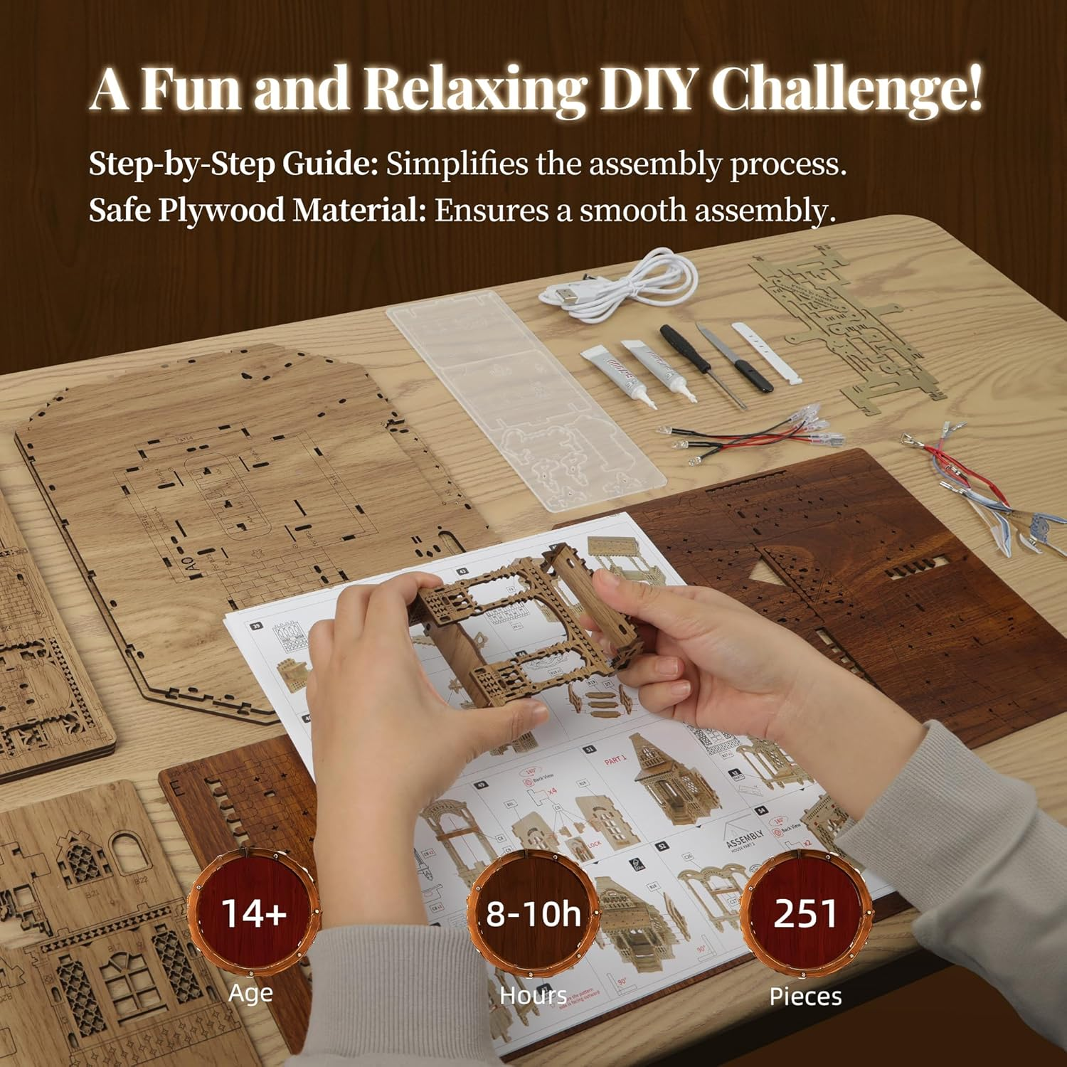 FUNPOLA LED 3D Wood Puzzle Countryside Cottage Model - DIY Miniature Building Kit with Spark LED Lights - 3D Craft Rural Architecture Home D&eacute;cor Adults image number 4