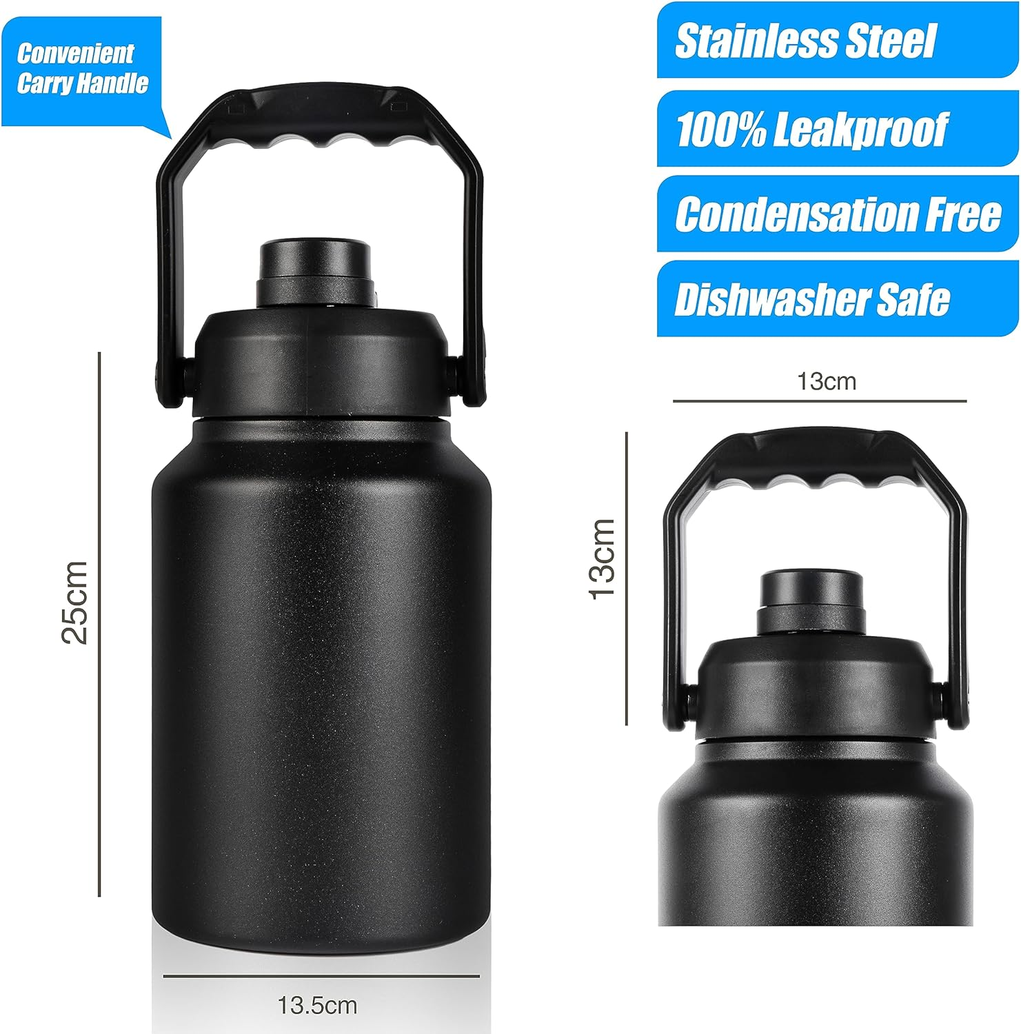 2L Insulated Water Bottle, Large 2 Litre Stainless Steel Water Bottle, Drink Bottle -Black- Double Wall Vacuum Insulated Bottles with Carry Handle - Keeps Drinks Hot or Cold for 12Hrs - for Gym, Camp image number 6