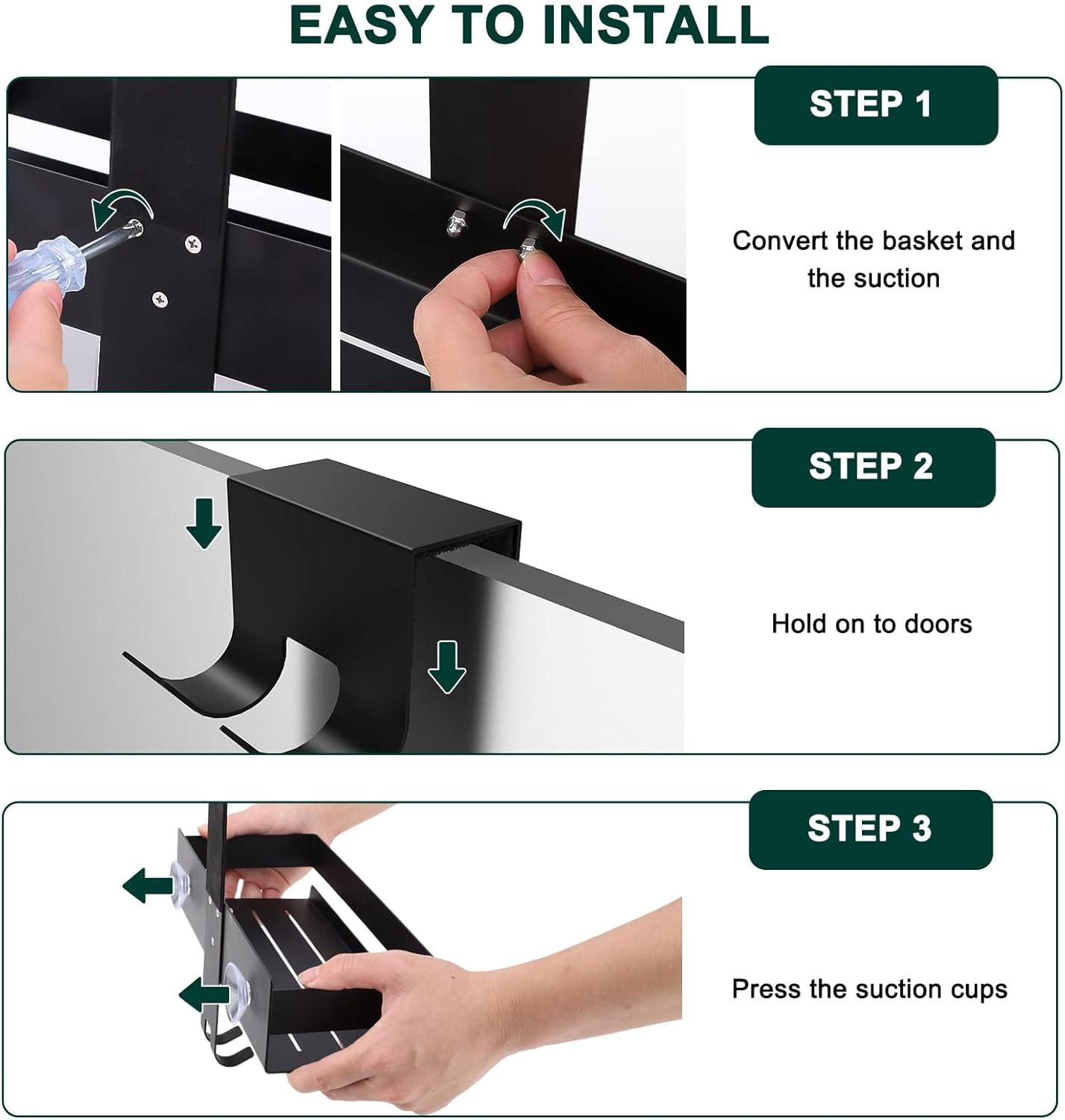 HOTOIQ Shower Caddy Hanging, Stainless Steel Shower Caddy without Drilling, Rustproof Hanging Shower Basket Holder with 2 Hooks and 4 Suction Cups for Frameless Glass Door(Black) image number 6