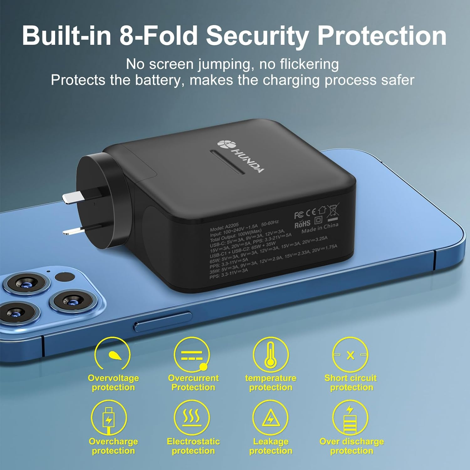 100W USB C Gan Charger,Hunda 2-Port Fast Wall Charger AU Plug Compatible with Macbook Pro/Air, Iphone 15/14/13/12/11 Pro, Dell Xps,Chromebook,Samsung Galaxy S23 Ultra,Pixel 7 Pro and All USB C Devices image number 2